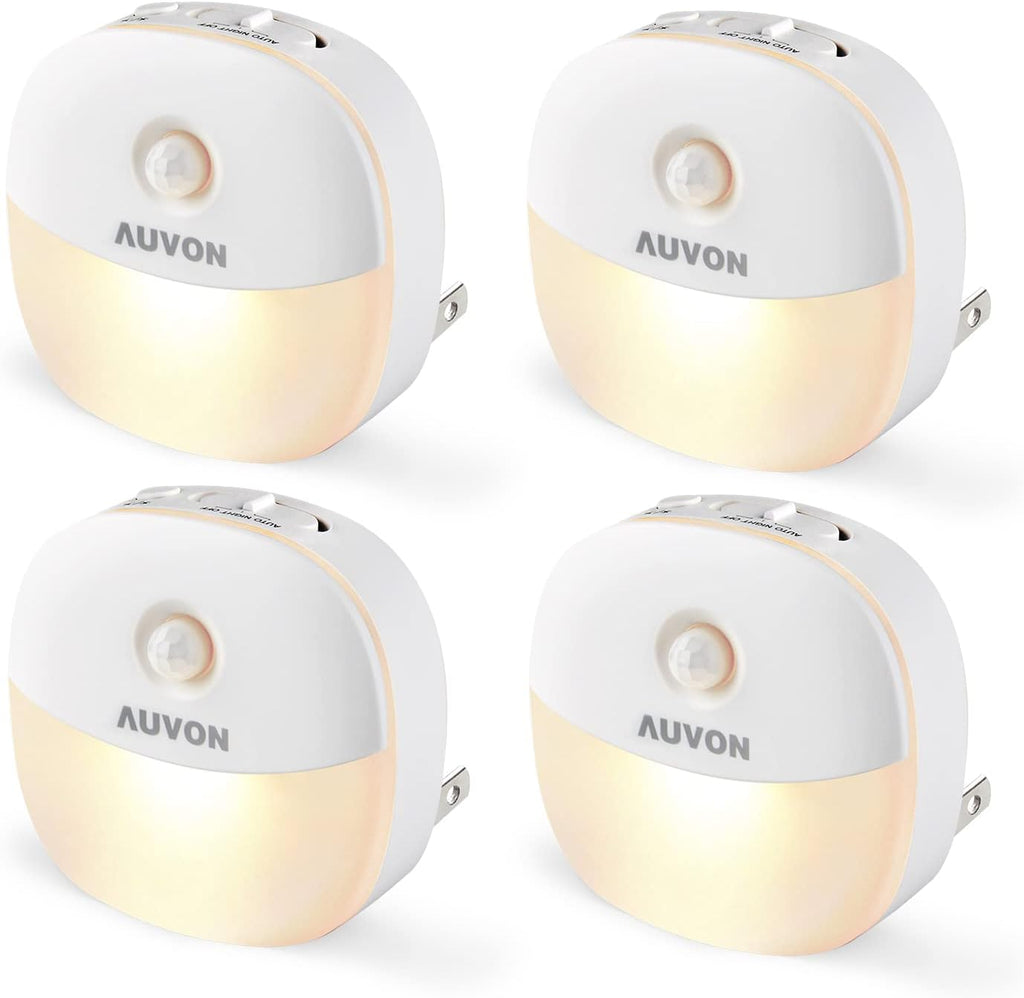 AUVON Plug in Night Light with Motion Sensor and Dusk to Dawn Sensor, Mini Warm White LED Nightlight with 1-50 lm Adjustable Brightness for Bathroom, Hallway, Stairs, Bedroom, Kitchen, 4 Packs