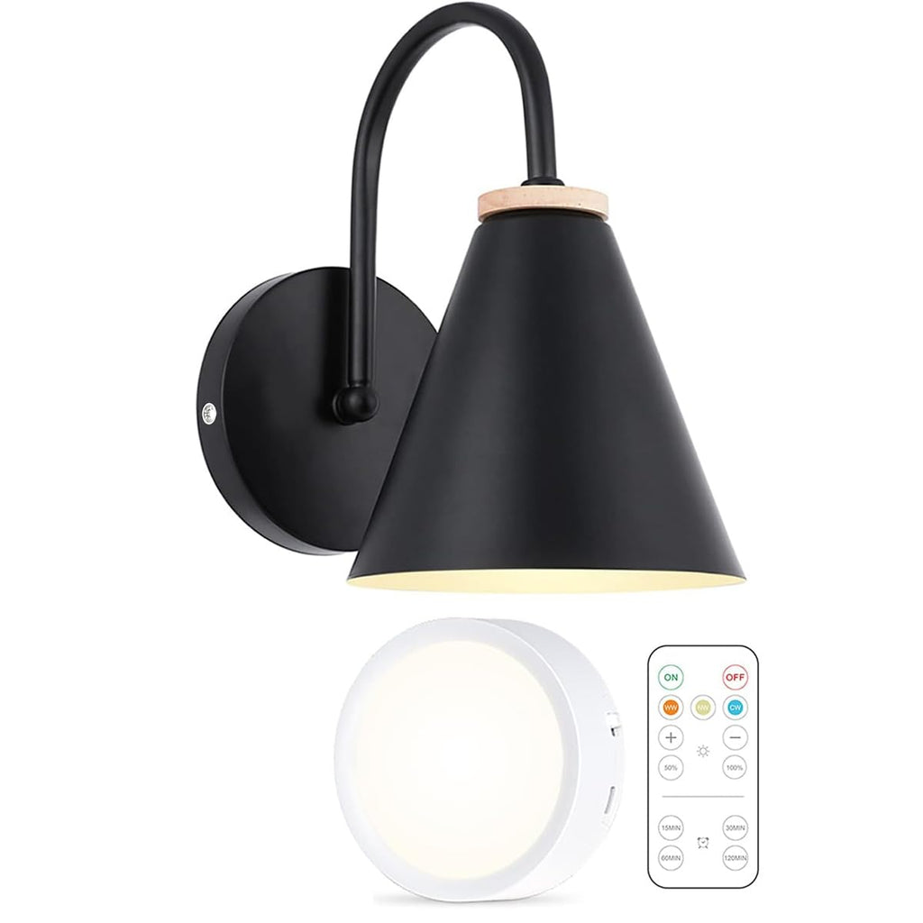 Battery Operated Black Faux-Wood Industrial Wall Sconce Set of Two, Easy to Install Not Wires, Remote Control Dimmable LED Light Bulb, Dimmable Wall Lamp Fixtures for Indoor Bedroom Farmhouse Gallery