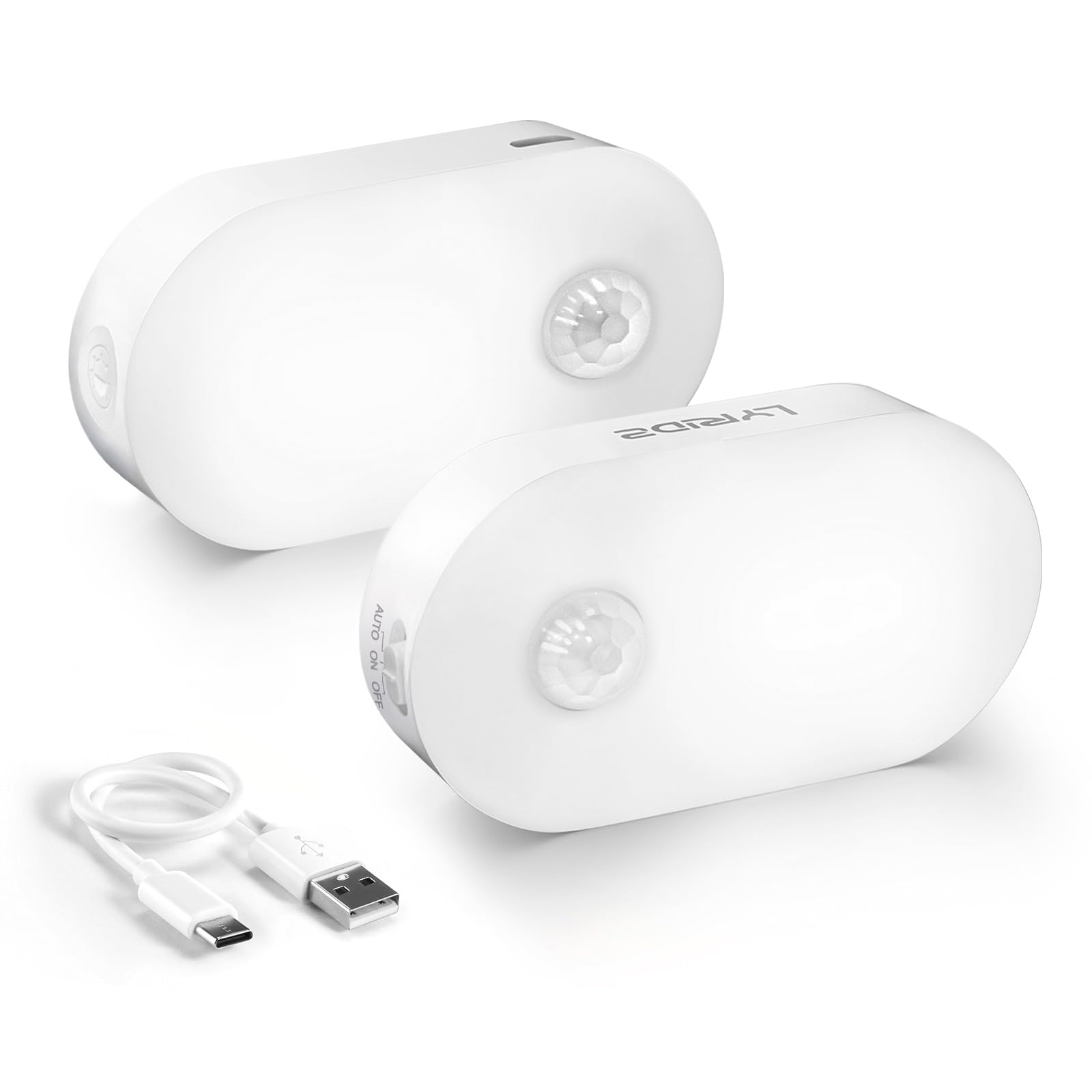Lyridz Rechargeable Battery Night Light with Motion Sensor, Portable Mini Warm White LED Stick-on Closet Light, Adjustable Brightness for Bathroom, Bedroom, Kitchen, Cabinet, Stairs, Hallway, 2-Pack