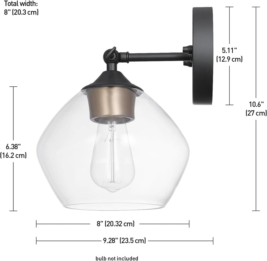 Globe Electric 51367 1-Light Wall Sconce, Matte Black, Gold Accent Socket, Clear Glass Shade, Wall-Lamp Dimmable, Lights for Bedroom, Kitchen Sconces Lighting, Home Decor, Bulb Not Included
