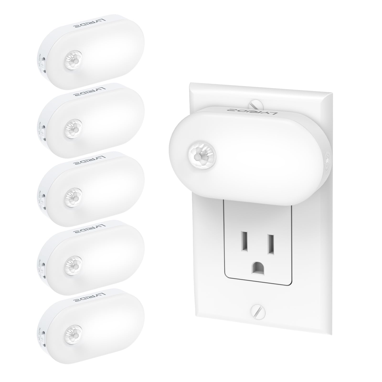 Lyridz 120LM Ultra Bright Plug-in Motion Sensor Night Light, Stepless Dimmable LED Nightlight, Always-On and Auto-Off, for Hallway, Stairs, Bathroom, Bedroom, Garage, Warm White (6-Pack)