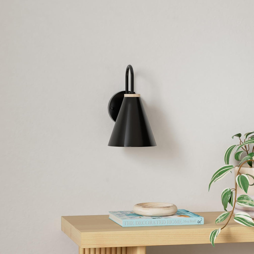 Battery Operated Black Faux-Wood Industrial Wall Sconce Set of Two, Easy to Install Not Wires, Remote Control Dimmable LED Light Bulb, Dimmable Wall Lamp Fixtures for Indoor Bedroom Farmhouse Gallery