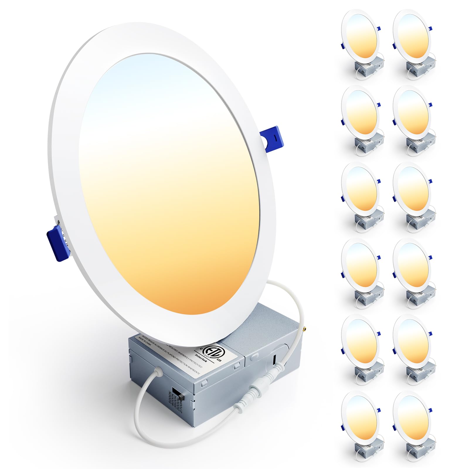 Ensenior 12 Pack 6 Inch LED Recessed Ceiling Light, Dimmable, 2700K-5000K 5CCT, 1200LM 12W 120V, High Brightness Canless Wafer Downlight - ETL&FCC&IC