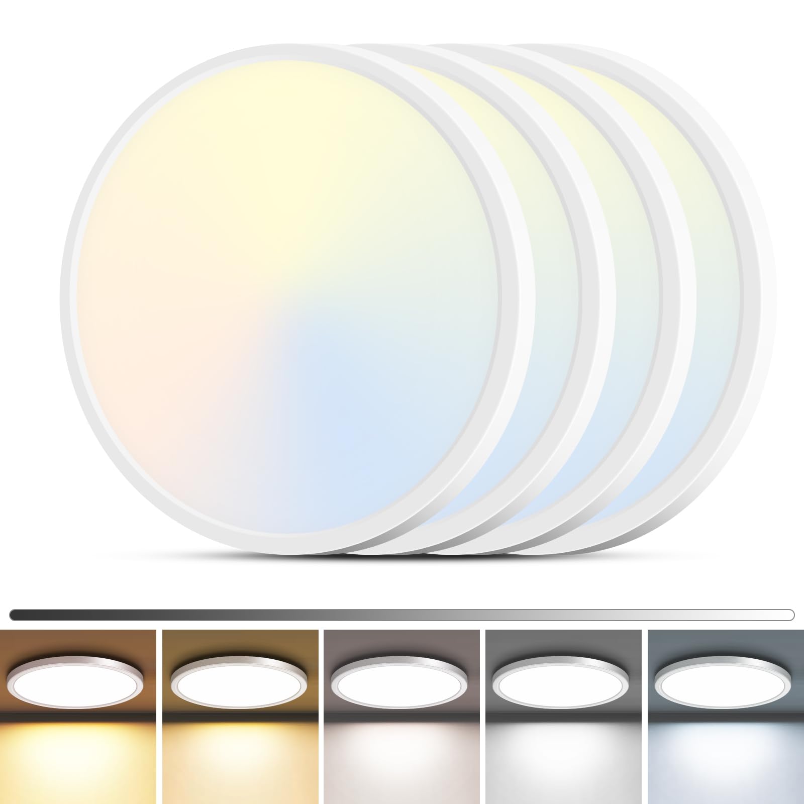 zemty 4Pack LED Flush Mount Ceiling Light, 12Inch 24W Dimmable Ceiling Lights Fixture, 5 Color Temperatures (3000K-6500K) Black Round Ceiling Lamp for Bedroom, Kitchen, Hallway,Bathroom