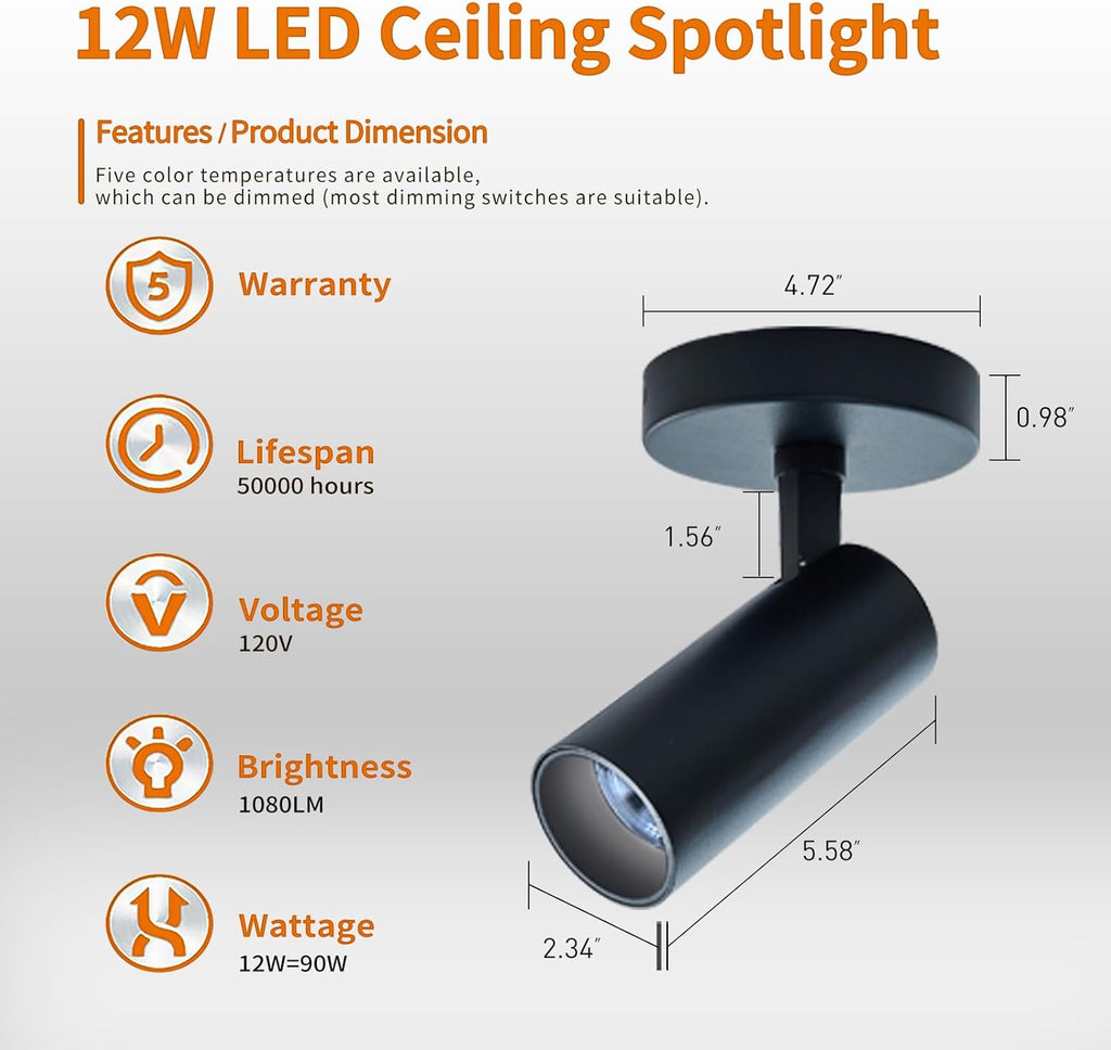 Spotlight 1 Pack 12W Spot Light Indoor 5CCT 2700K-6000K Selectable Dimmable LED Flush Mount Ceiling Spot Lights Directional Spotlights,Black,Adjustable Tilt Angle Accent Lighting