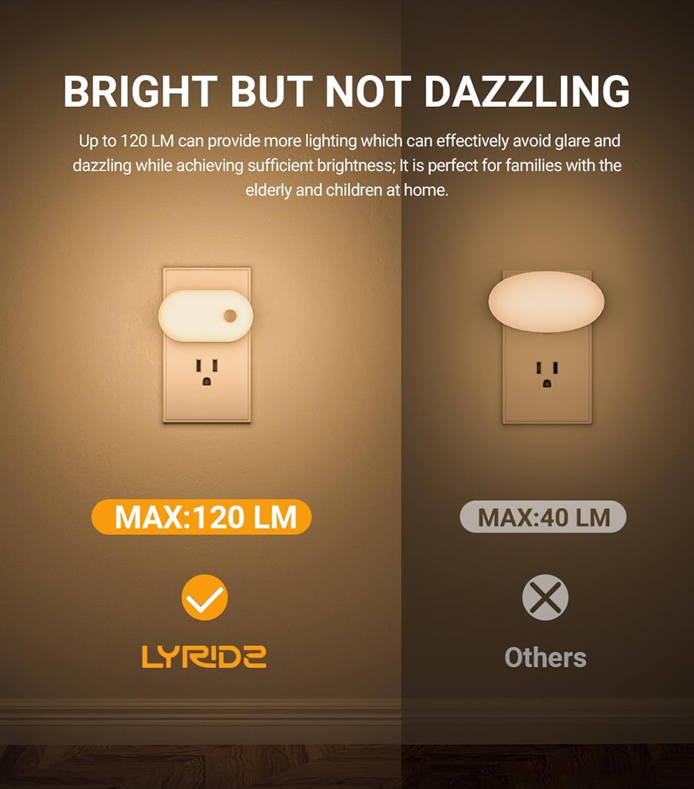 Lyridz 120LM Ultra Bright Plug-in Motion Sensor Night Light, Stepless Dimmable LED Nightlight, Always-On and Auto-Off, for Hallway, Stairs, Bathroom, Bedroom, Garage, Warm White (6-Pack)
