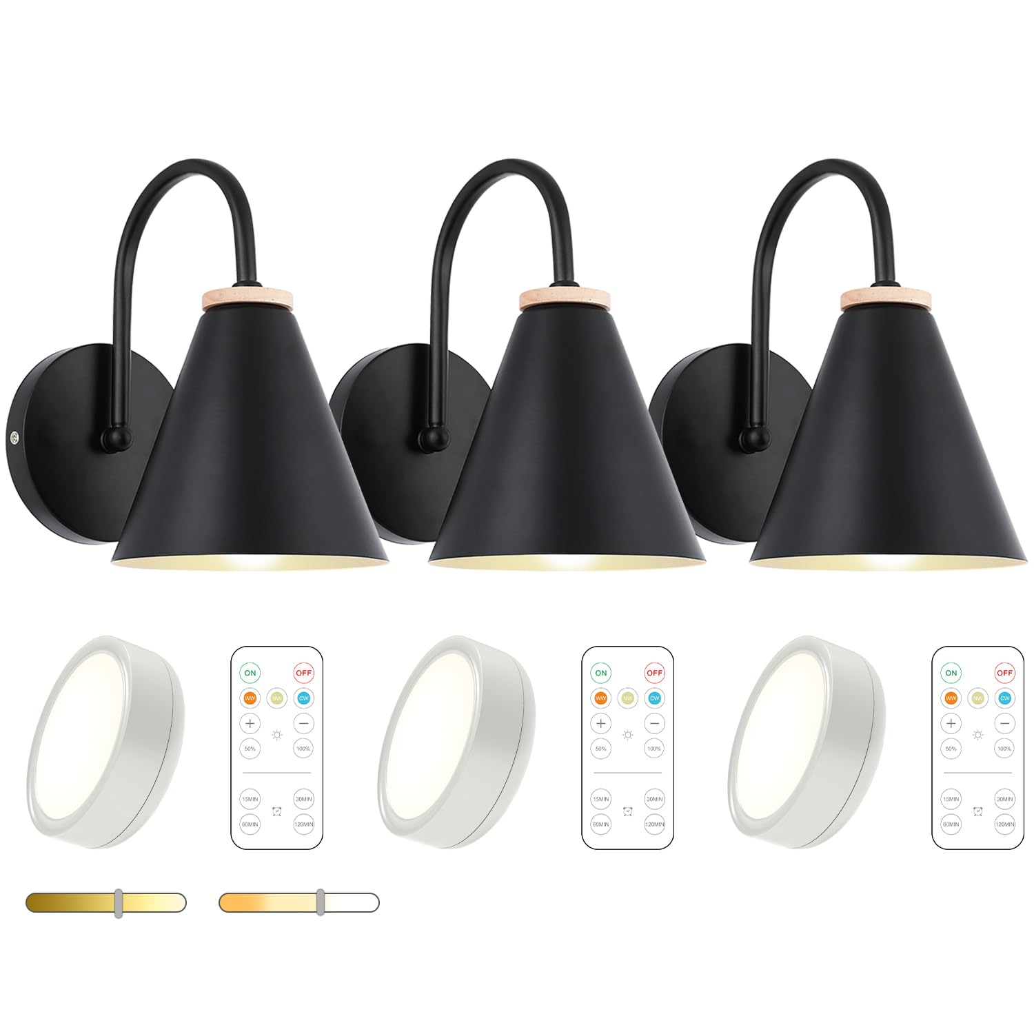 Battery Operated Black Faux-Wood Industrial Wall Sconce Set of Two, Easy to Install Not Wires, Remote Control Dimmable LED Light Bulb, Dimmable Wall Lamp Fixtures for Indoor Bedroom Farmhouse Gallery