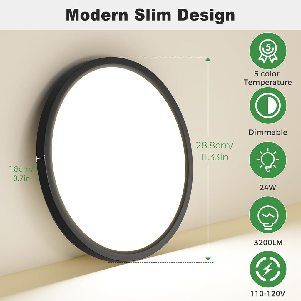 zemty 4Pack LED Flush Mount Ceiling Light, 12Inch 24W Dimmable Ceiling Lights Fixture, 5 Color Temperatures (3000K-6500K) Black Round Ceiling Lamp for Bedroom, Kitchen, Hallway,Bathroom