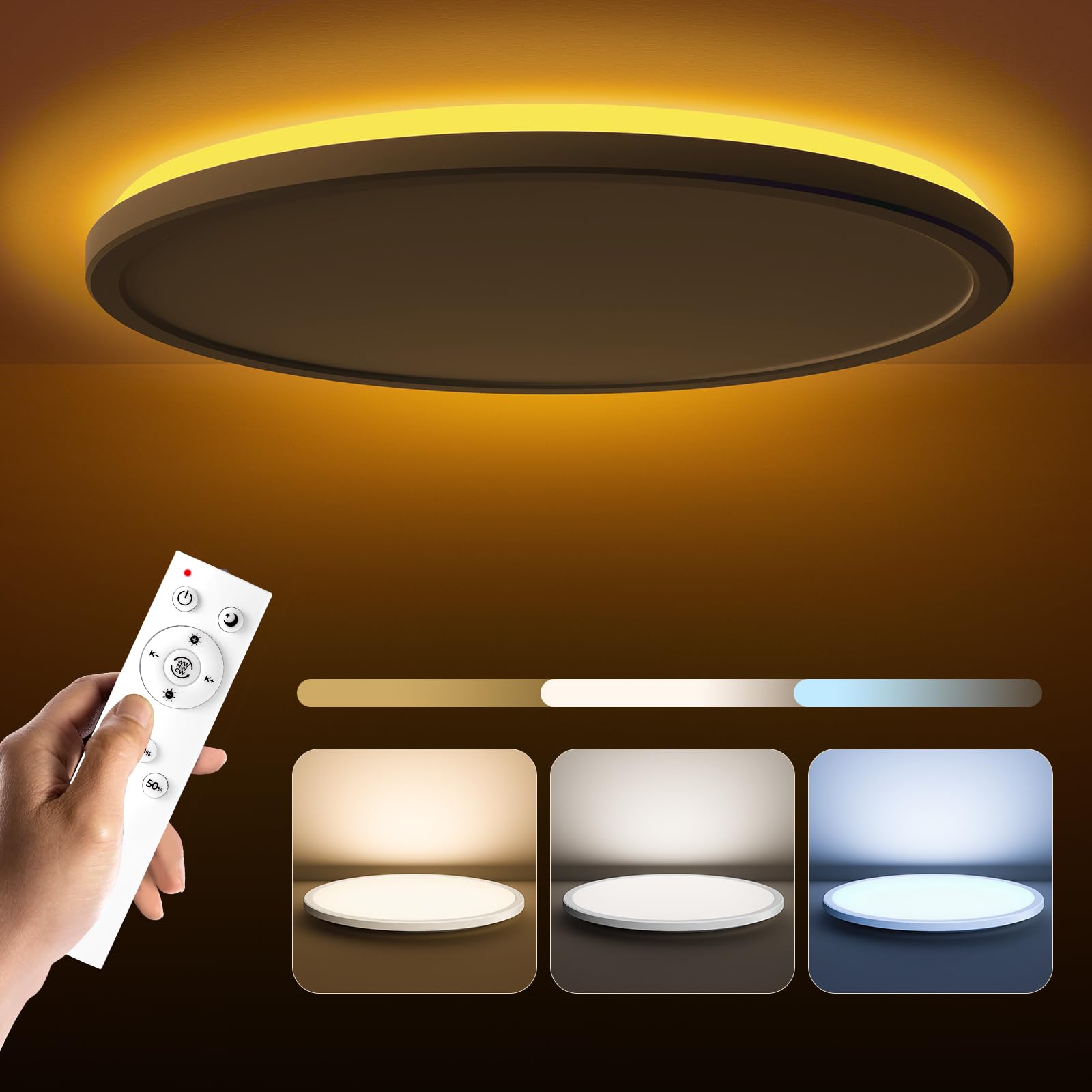 Matane 12in LED Flush Mount Ceiling Light Fixture with Remote Control, Nightlight 2000K Warm, 3000K-6500K Adjustable, Low Profile Ceiling Lights for Bedroom, Kitchen, Living Room, Black