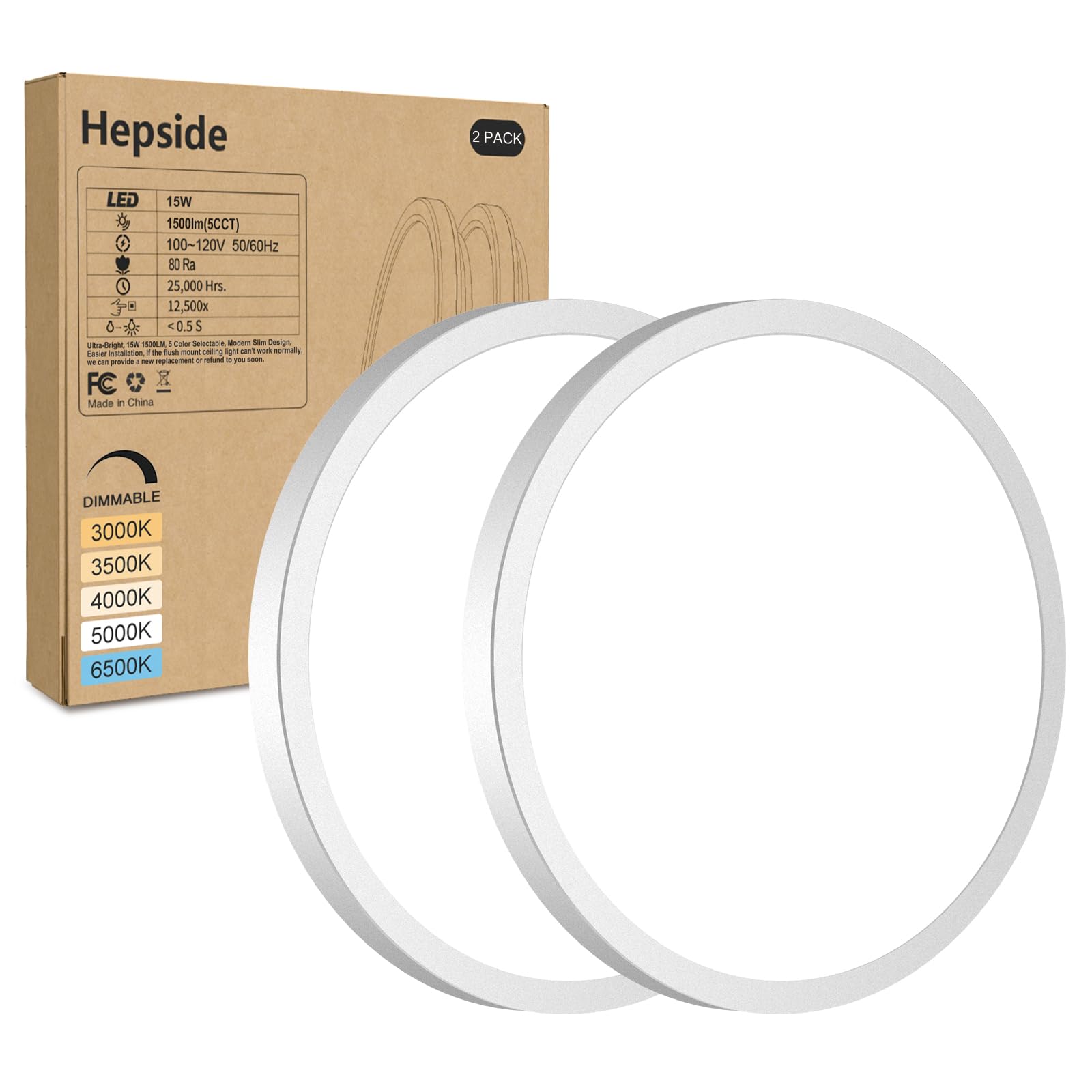 hepside 2Pack LED Flush Mount Ceiling Light Fixture, 12Inch 24W, Dimmable&3000K/3500K/4000K/5000K/6500K Adjustable Low Profile Ceiling Lights, White Round Flat Ceiling Light for Closet,Kitchen,Hallway