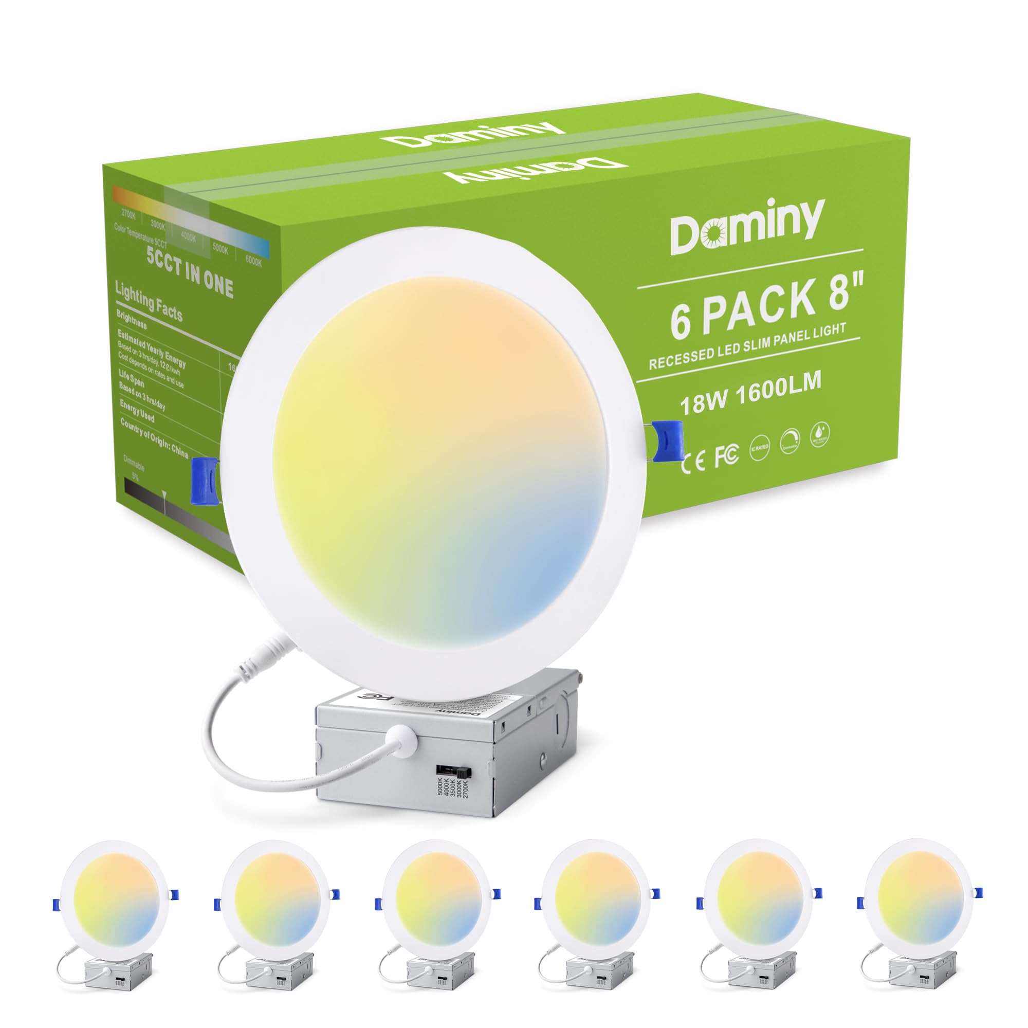 DAMINY 24 Pack 6 Inch LED Recessed Lighting with Junction Box,5CCT,Ultra-Thin Recessed Light,10W 1100LM, Dimmable Canless Wafer Ceiling Light, High Brightness