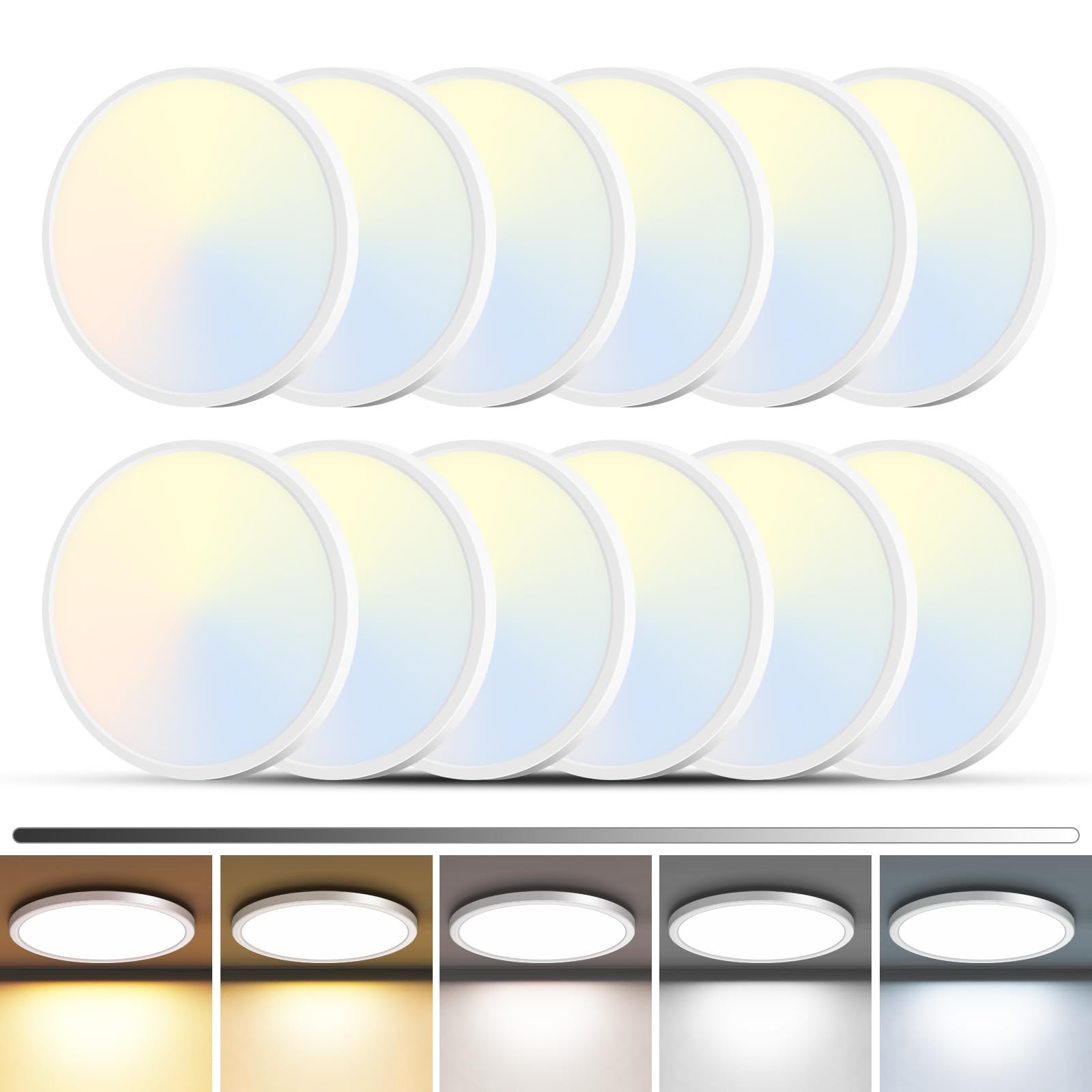 zemty 4Pack LED Flush Mount Ceiling Light, 12Inch 24W Dimmable Ceiling Lights Fixture, 5 Color Temperatures (3000K-6500K) Black Round Ceiling Lamp for Bedroom, Kitchen, Hallway,Bathroom