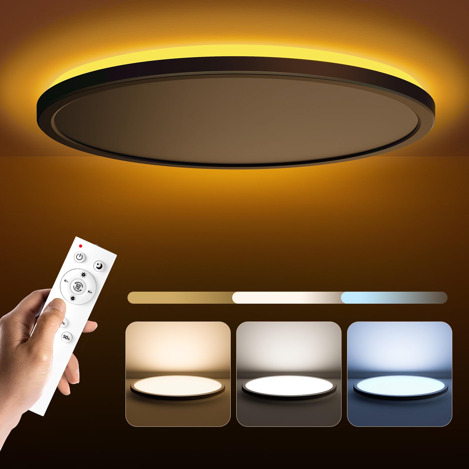 Matane 12in LED Flush Mount Ceiling Light Fixture with Remote Control, Nightlight 2000K Warm, 3000K-6500K Adjustable, Low Profile Ceiling Lights for Bedroom, Kitchen, Living Room, Black