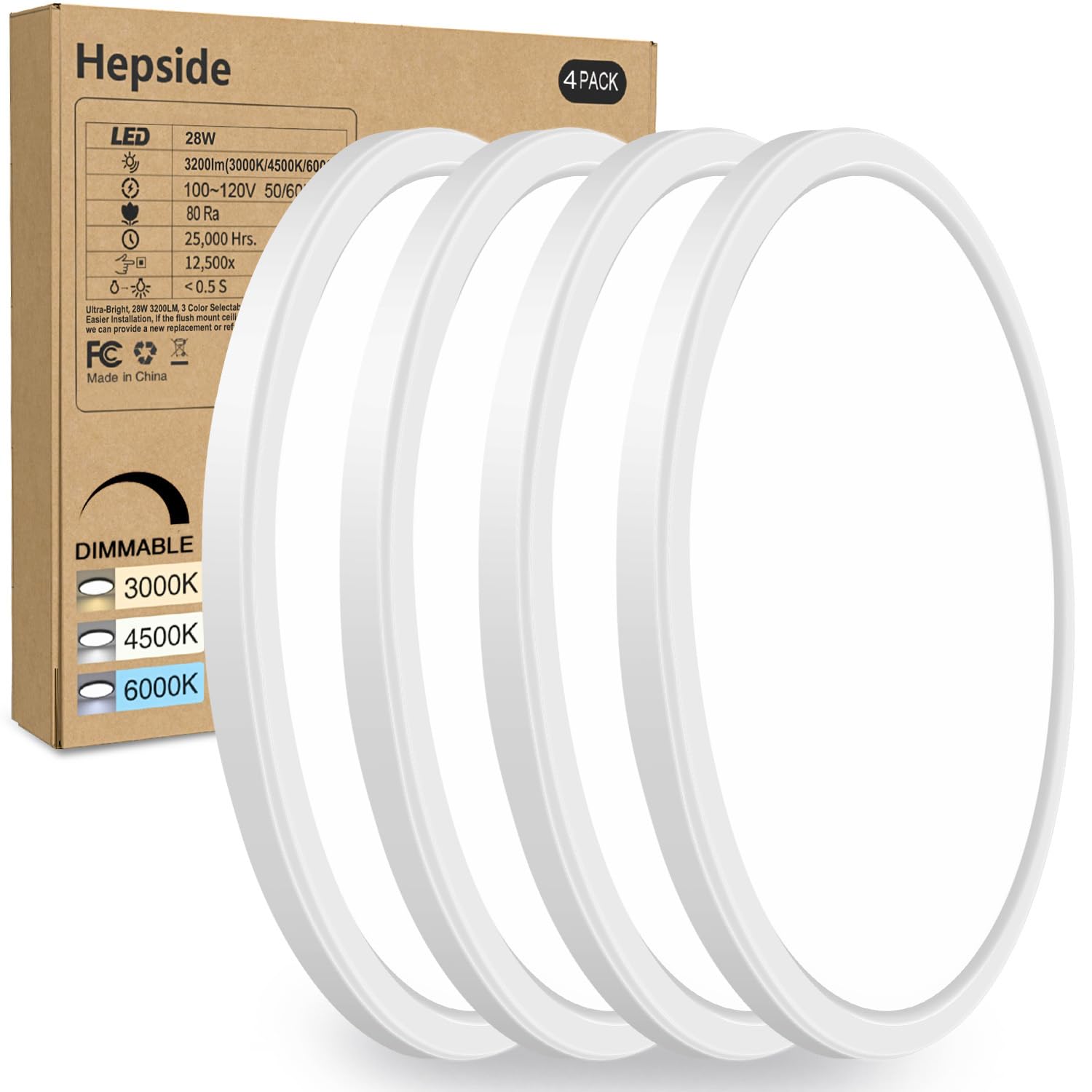 hepside 12Inch Flush Mount Light Fixture White, 28Watt, Dimmable & 3000K-4500K-6000K 3 Color Selectable Flush Ceiling Light Fixture 3200LM Low Profile Ceiling Light for Kitchen Bedroom Hallway Porch