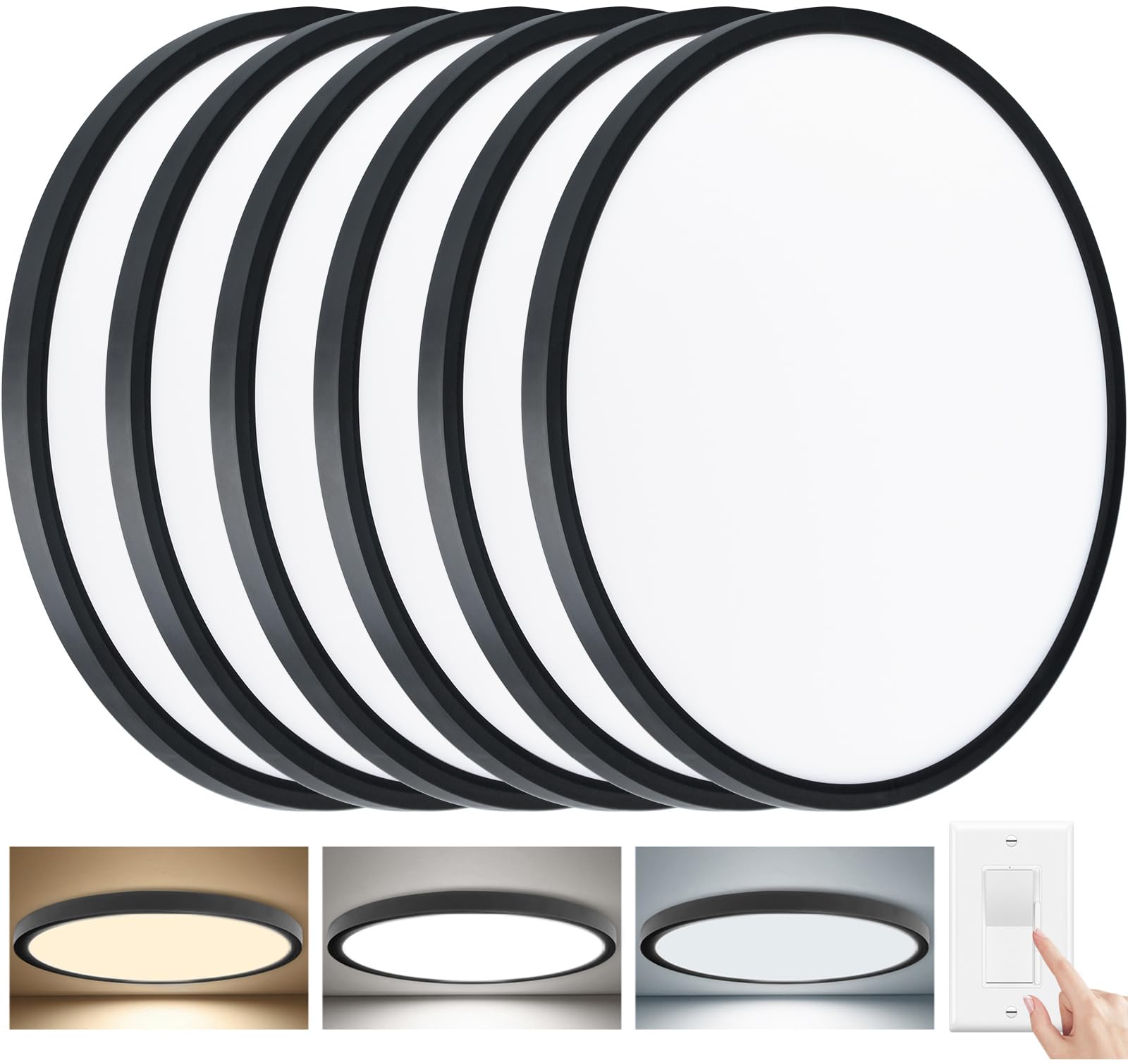 6 Pack 12 Inch Slim Dimmable LED Flush Mount Ceiling Light Fixtures, 24W 2640LM 3000K/4000K/5000K, House Upgrade Led Lights for Bedroom Hallway Laundry Room Rental Units, 240W Equiv., Black