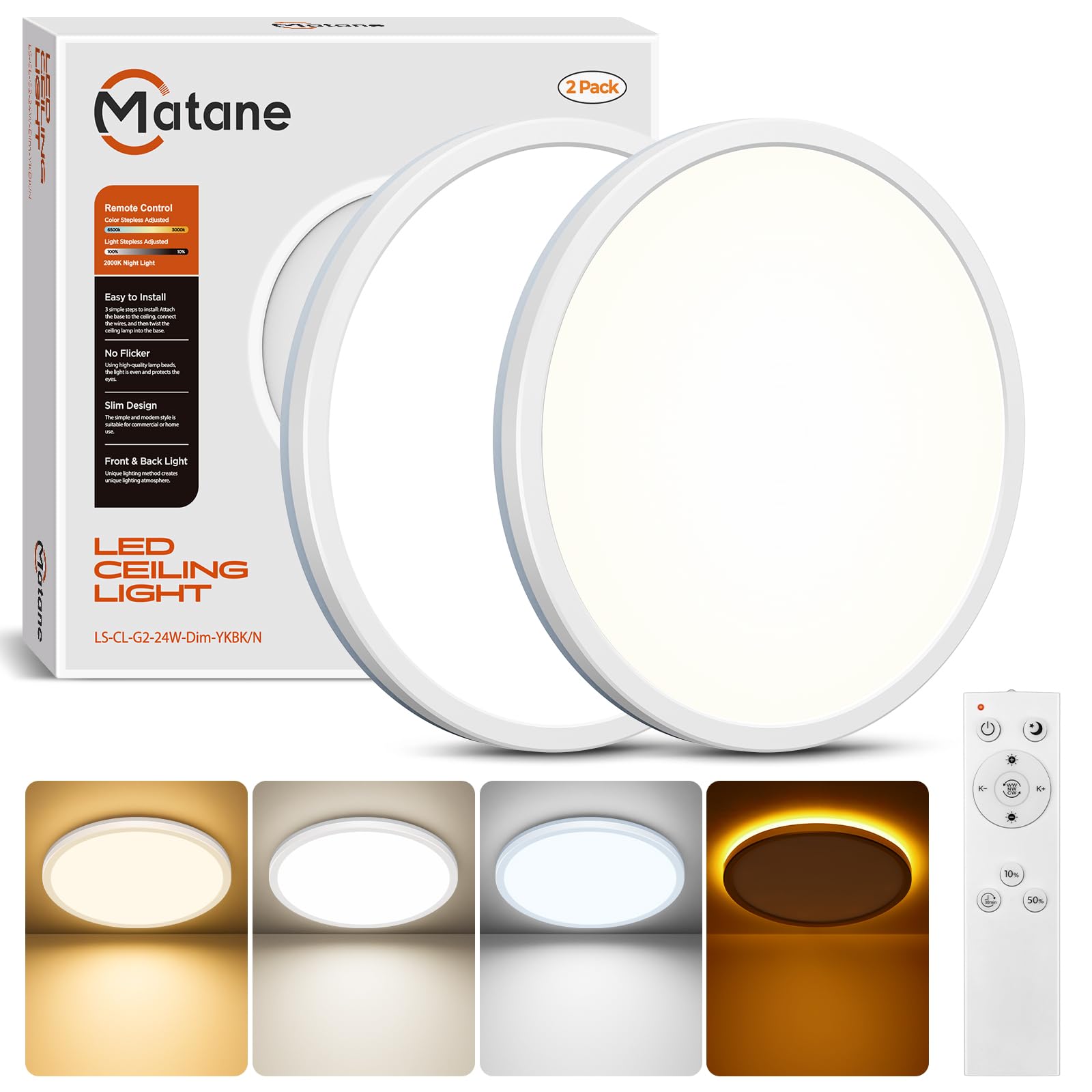 Matane 12in LED Flush Mount Ceiling Light Fixture with Remote Control, Nightlight 2000K Warm, 3000K-6500K Adjustable, Low Profile Ceiling Lights for Bedroom, Kitchen, Living Room, Black
