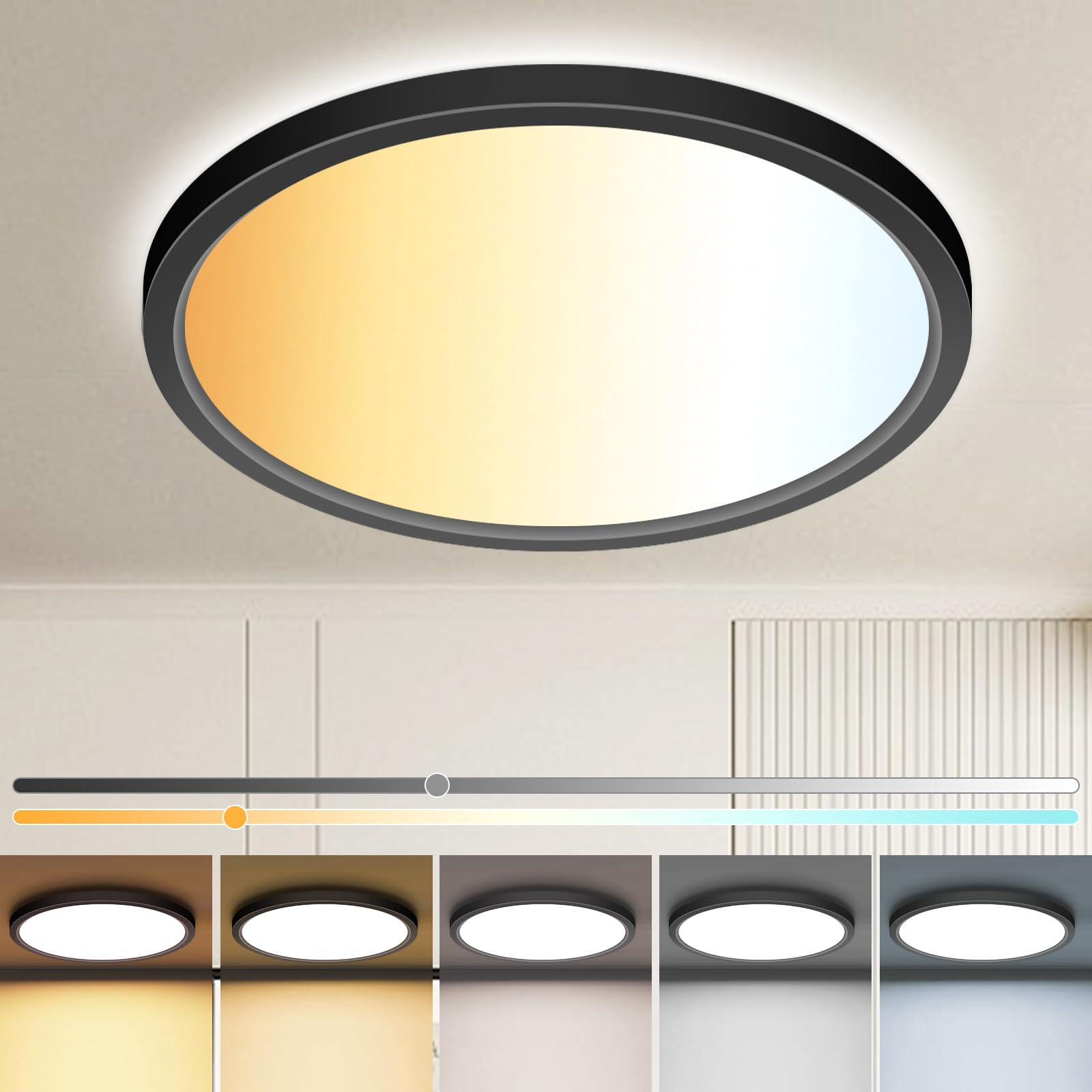 zemty 4Pack LED Flush Mount Ceiling Light, 12Inch 24W Dimmable Ceiling Lights Fixture, 5 Color Temperatures (3000K-6500K) Black Round Ceiling Lamp for Bedroom, Kitchen, Hallway,Bathroom