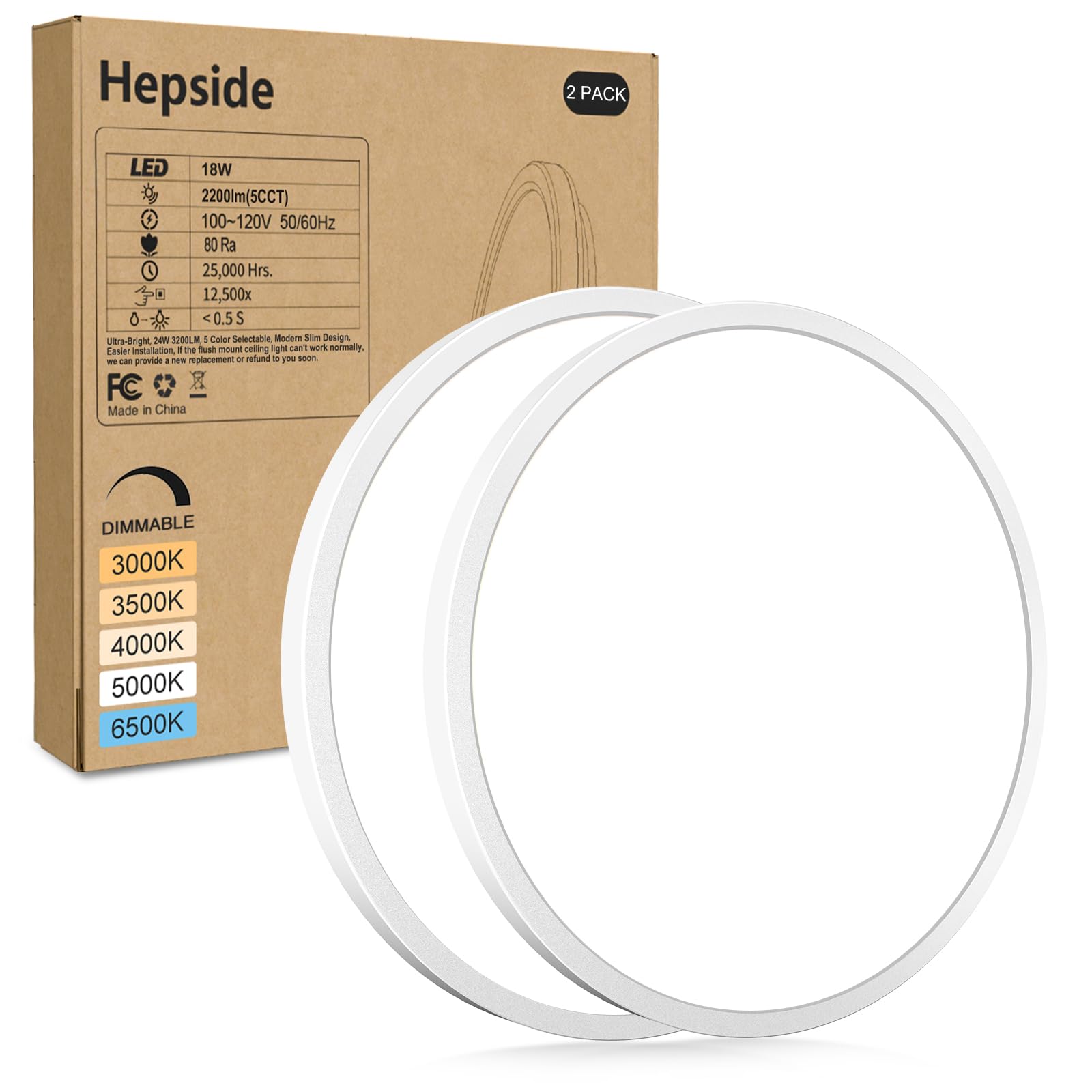 hepside 2Pack LED Flush Mount Ceiling Light Fixture, 12Inch 24W, Dimmable&3000K/3500K/4000K/5000K/6500K Adjustable Low Profile Ceiling Lights, White Round Flat Ceiling Light for Closet,Kitchen,Hallway
