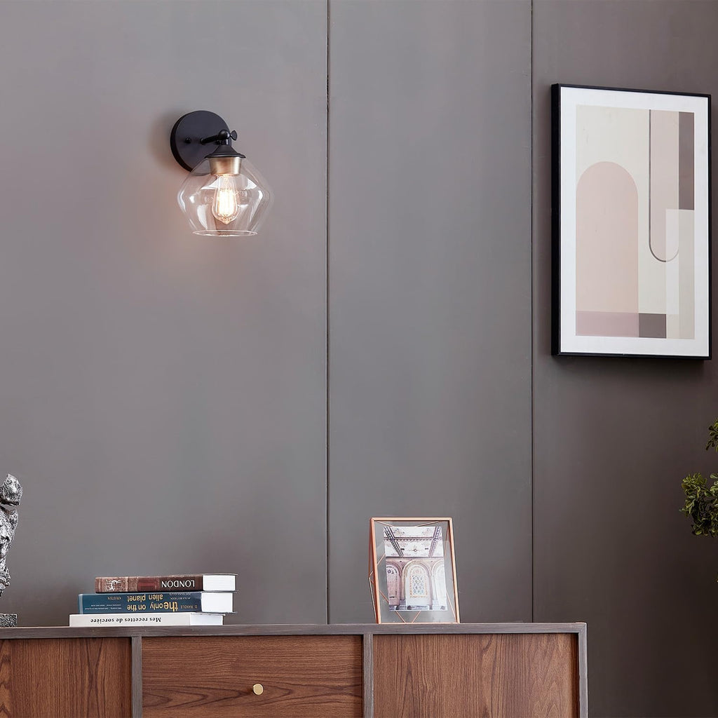 Globe Electric 51367 1-Light Wall Sconce, Matte Black, Gold Accent Socket, Clear Glass Shade, Wall-Lamp Dimmable, Lights for Bedroom, Kitchen Sconces Lighting, Home Decor, Bulb Not Included