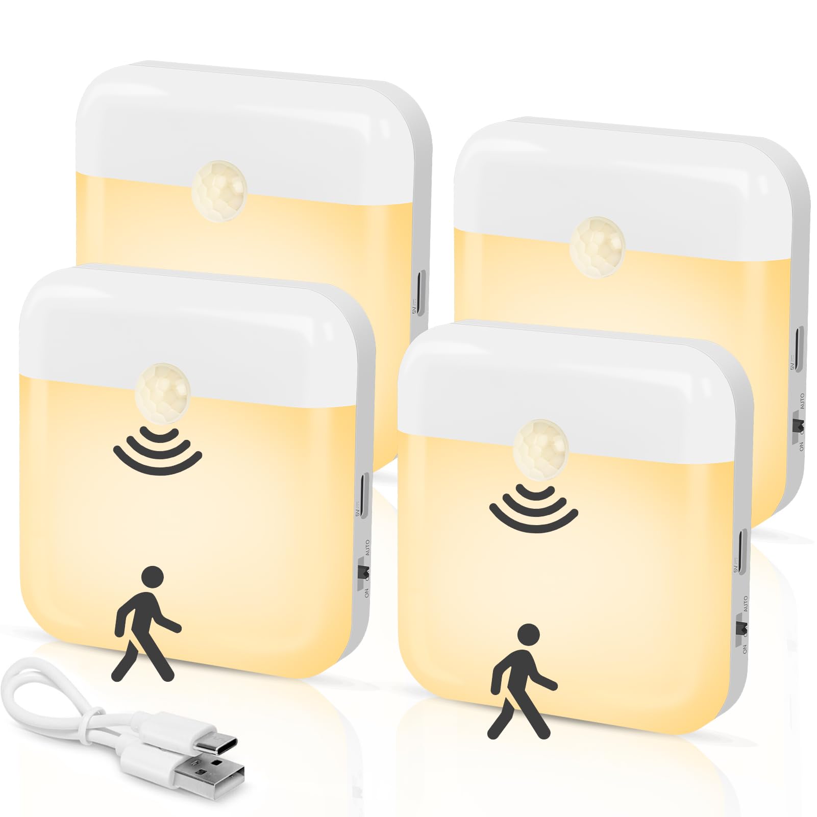 2 Pack Motion Sensor Night Light, Rechargeable Battery Night Lights Warm White, Portable Mini Motion Activated Night Light for Wall, Hallway, Kids Room, Stairway, Cabinet