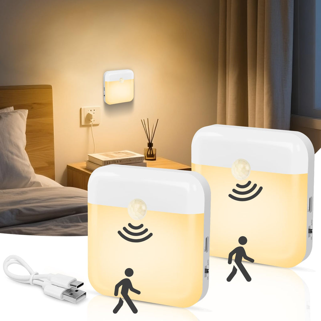 2 Pack Motion Sensor Night Light, Rechargeable Battery Night Lights Warm White, Portable Mini Motion Activated Night Light for Wall, Hallway, Kids Room, Stairway, Cabinet
