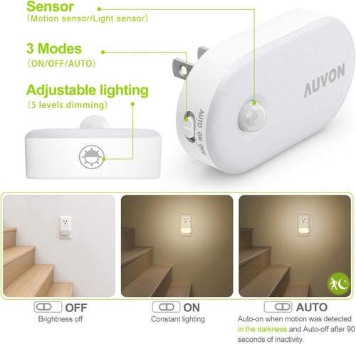 AUVON Night Light Plug in with Motion Sensor (120 Lumens), Dimmable Smart LED Night Lights, 1-120lm Brightness, for Bathroom, Hallway, Garage, Toilet (4 Pack)