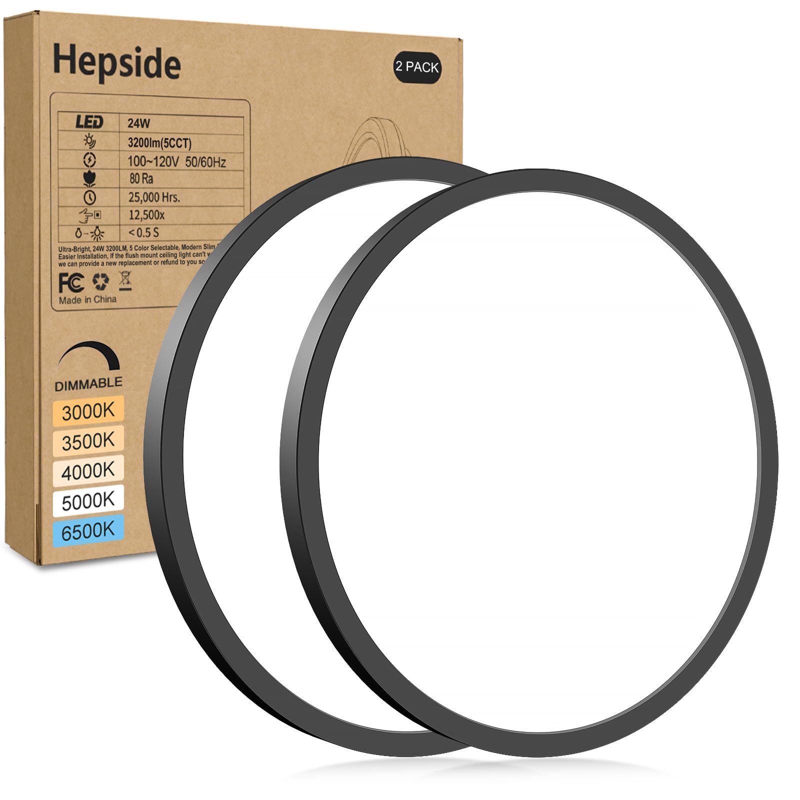 hepside 2Pack LED Flush Mount Ceiling Light Fixture, 12Inch 24W, Dimmable&3000K/3500K/4000K/5000K/6500K Adjustable Low Profile Ceiling Lights, White Round Flat Ceiling Light for Closet,Kitchen,Hallway