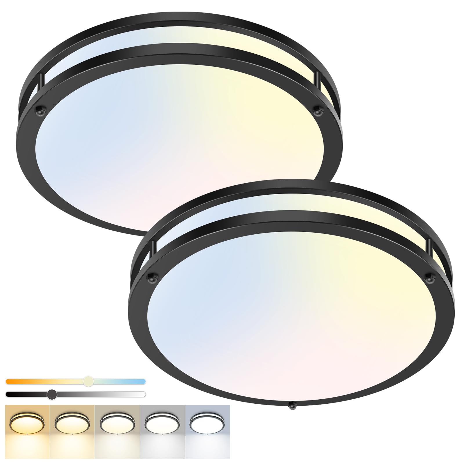 hepside 13inch Flush Mount Ceiling Light Fixture 2 Pack, Dimmable & 5CCT Ceiling Light Black, 24W 3000K 3500K 4000K 5000K 6500K Adjustable Ceiling Lamps for Bathroom Bedroom Hallway