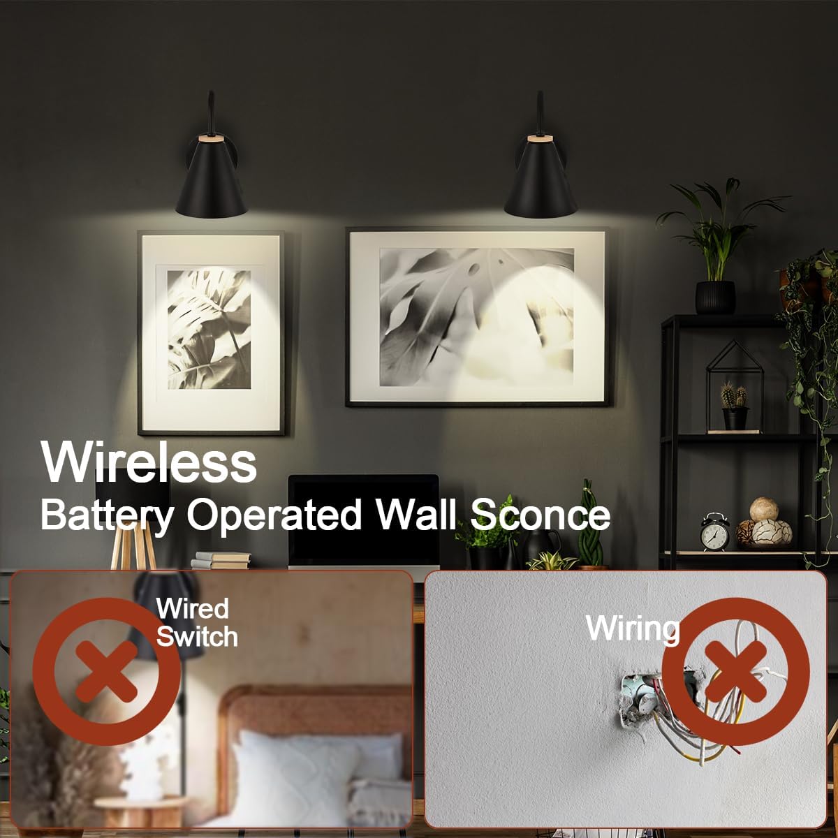 Battery Operated Black Faux-Wood Industrial Wall Sconce Set of Two, Easy to Install Not Wires, Remote Control Dimmable LED Light Bulb, Dimmable Wall Lamp Fixtures for Indoor Bedroom Farmhouse Gallery