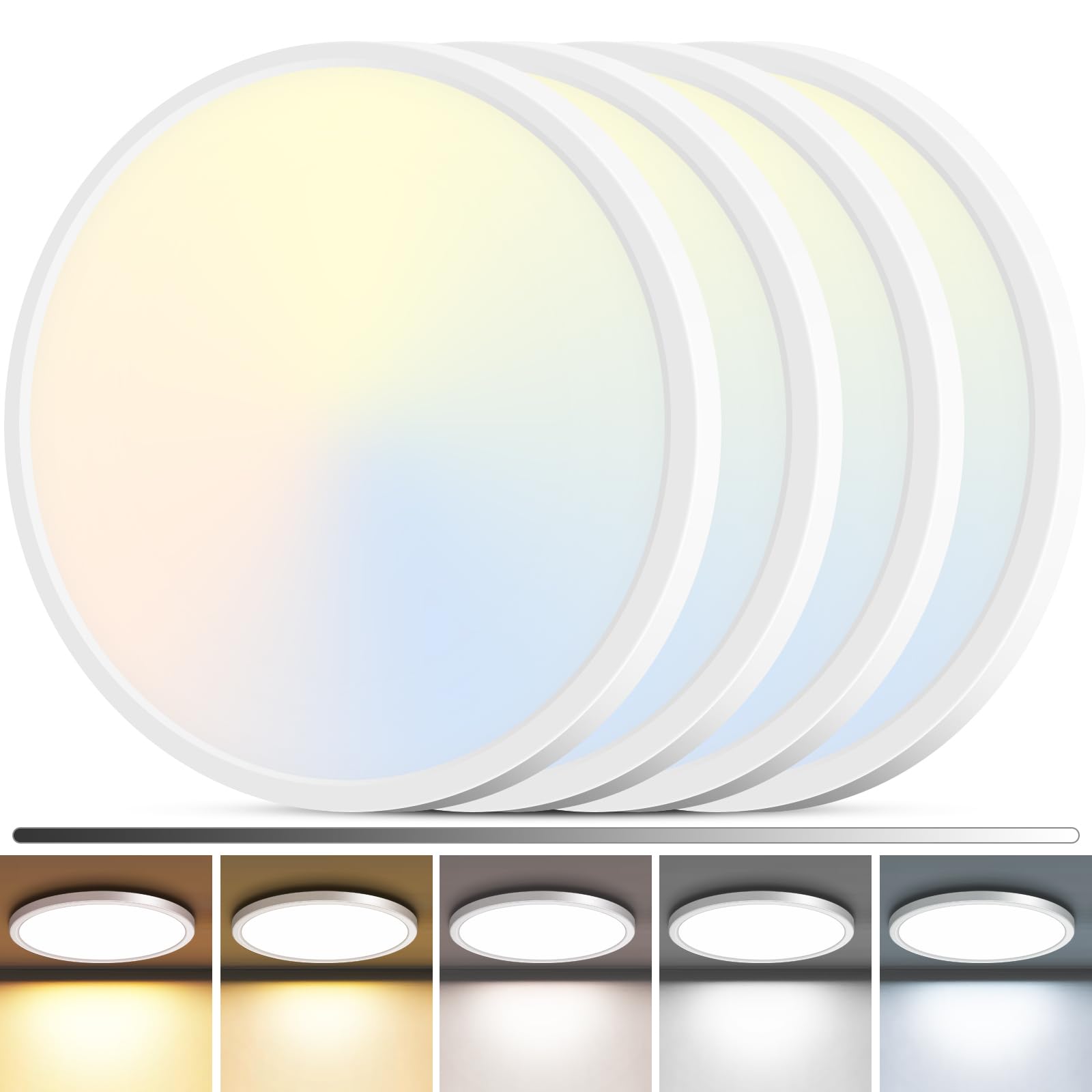 zemty 4Pack LED Flush Mount Ceiling Light, 12Inch 24W Dimmable Ceiling Lights Fixture, 5 Color Temperatures (3000K-6500K) Black Round Ceiling Lamp for Bedroom, Kitchen, Hallway,Bathroom