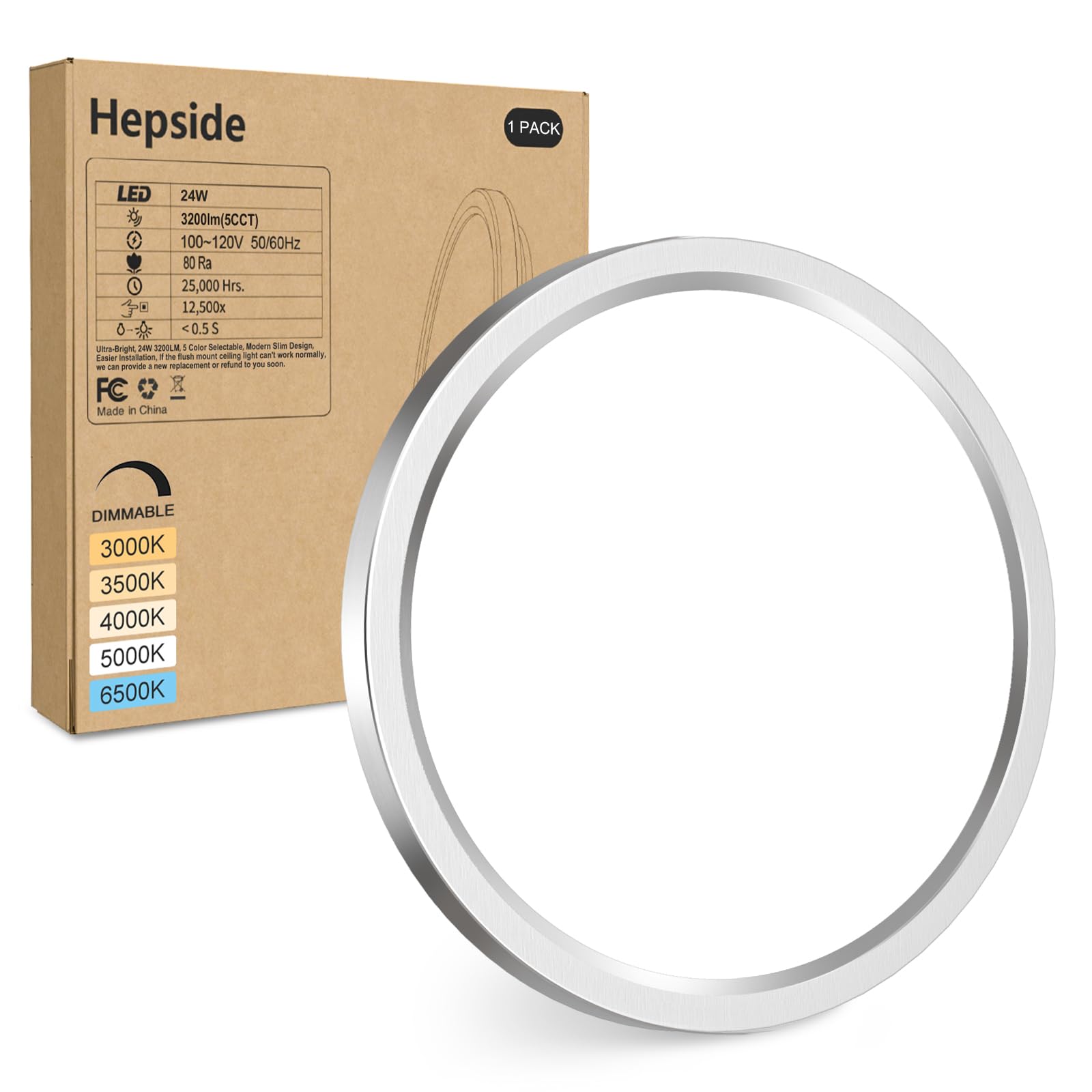 hepside 2Pack LED Flush Mount Ceiling Light Fixture, 12Inch 24W, Dimmable&3000K/3500K/4000K/5000K/6500K Adjustable Low Profile Ceiling Lights, White Round Flat Ceiling Light for Closet,Kitchen,Hallway