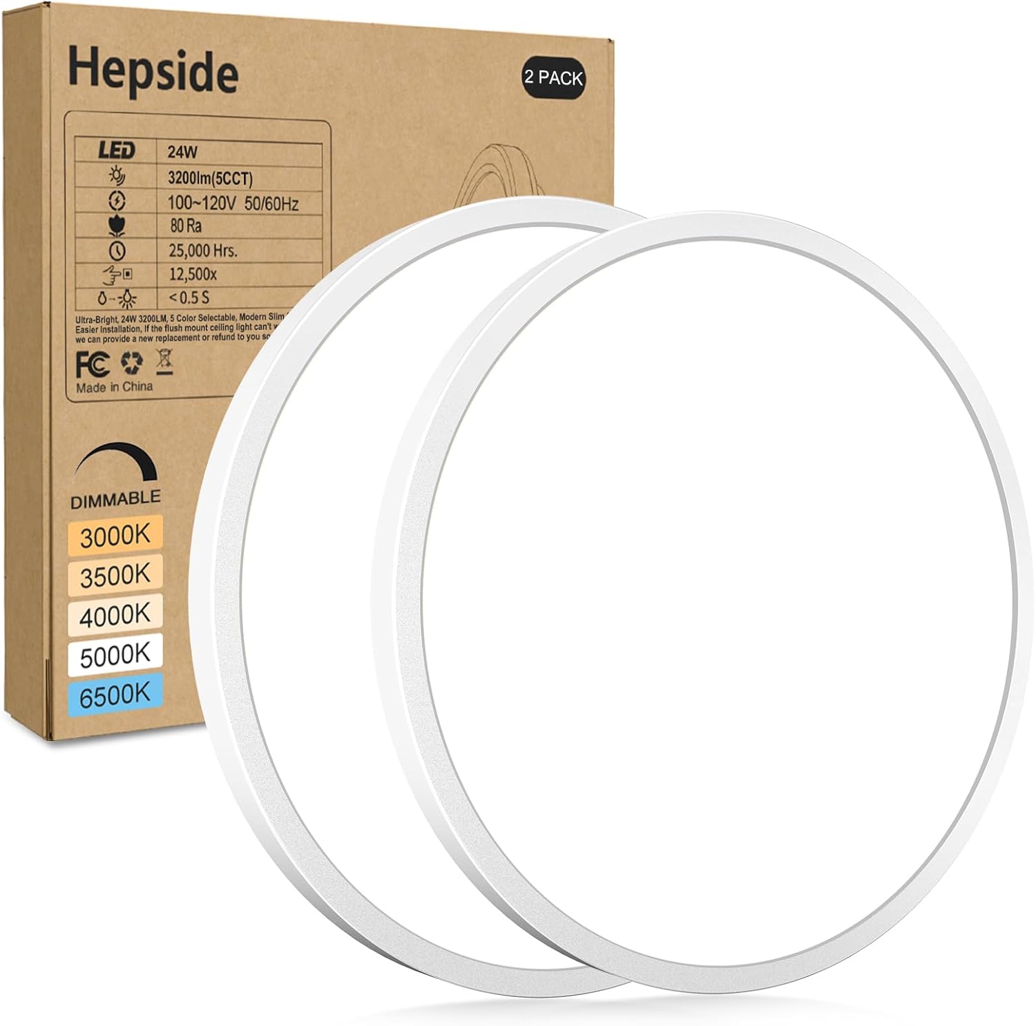 hepside 2Pack LED Flush Mount Ceiling Light Fixture, 12Inch 24W, Dimmable&3000K/3500K/4000K/5000K/6500K Adjustable Low Profile Ceiling Lights, White Round Flat Ceiling Light for Closet,Kitchen,Hallway