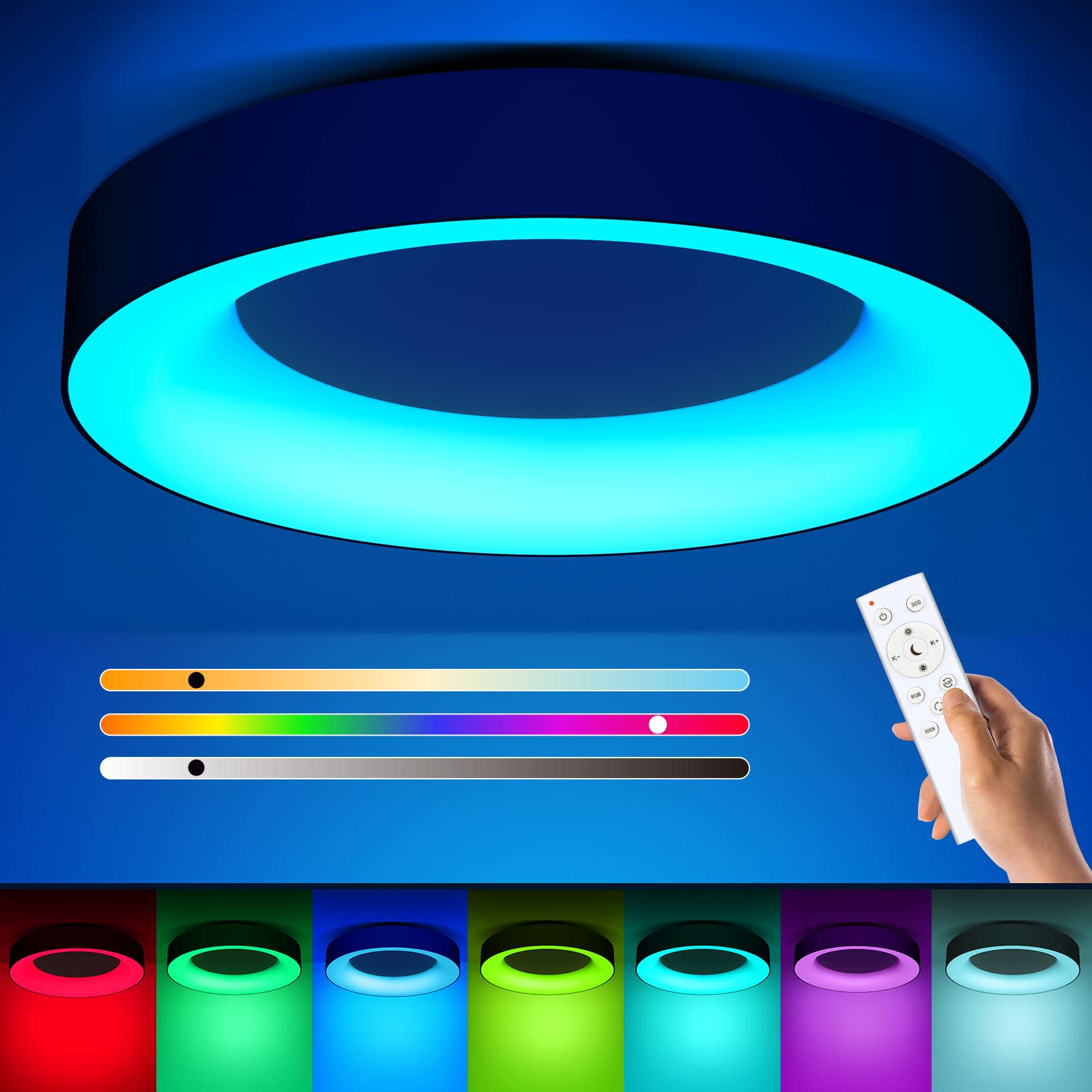 Annaror RGB Flush Mount Ceiling Light with Remote Control, 2400LM Dimmable Ceiling Light Fixture, 3000K-6500K Modern Low Profile Ceiling Lights for Bedroom Kids Room, 11in White