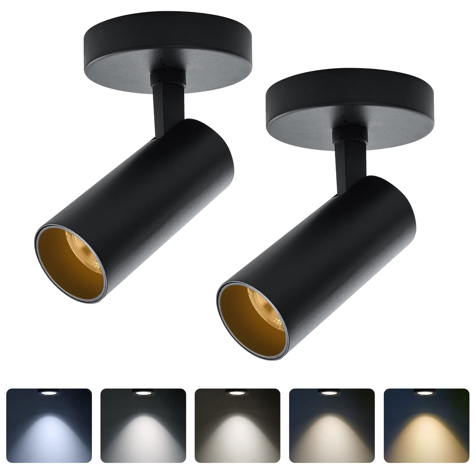 LED Ceiling Spotlight 5CCT 2700K/3000K/3500K/4000K/6000K Selectable Dimmable,Spot Light Indoor Adjustable Flush Mount Lights Fixture 12W CRI 90+, Black, 1 Pack Tilt Angle Accent Lighting