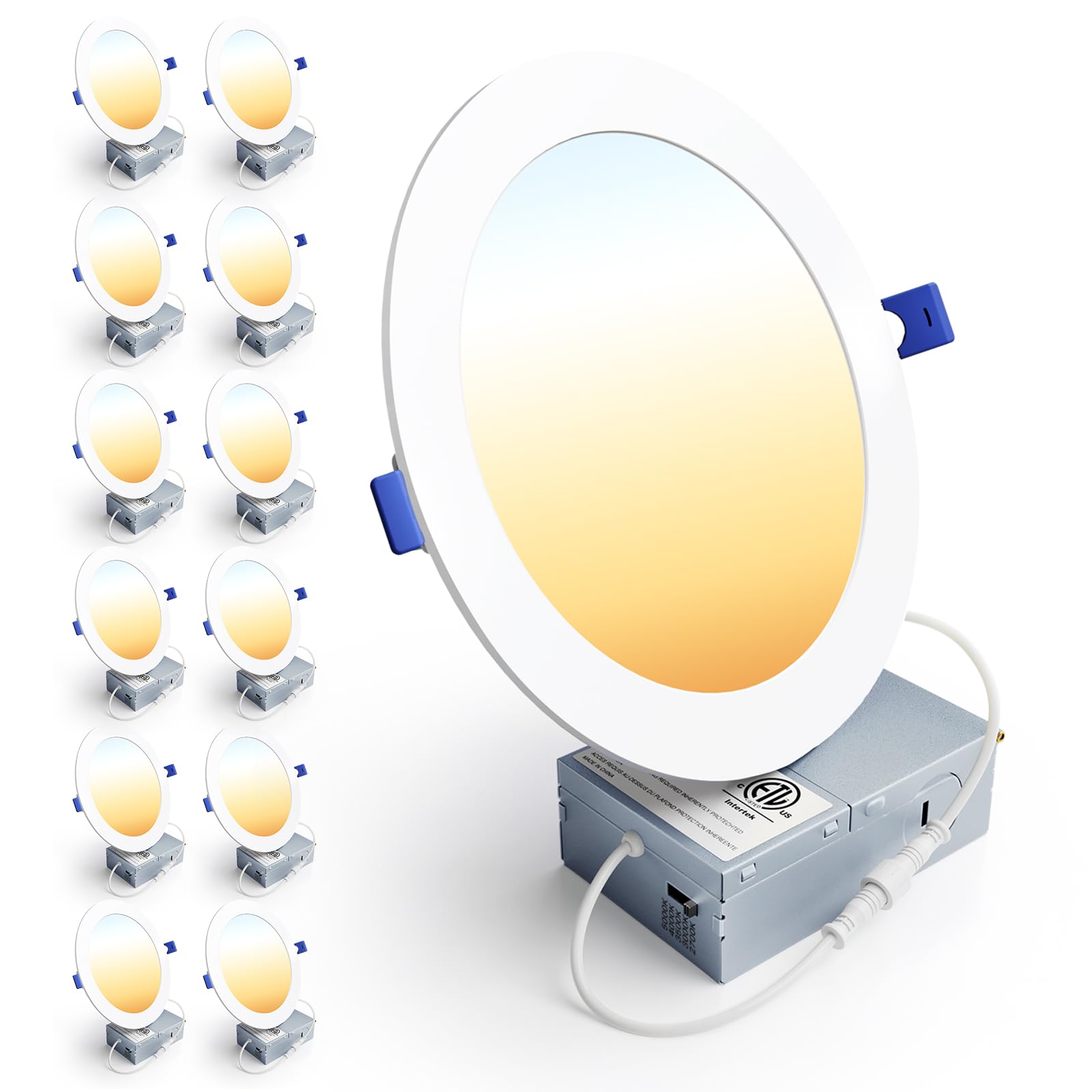 Ensenior 12 Pack 6 Inch LED Recessed Ceiling Light, Dimmable, 2700K-5000K 5CCT, 1200LM 12W 120V, High Brightness Canless Wafer Downlight - ETL&FCC&IC