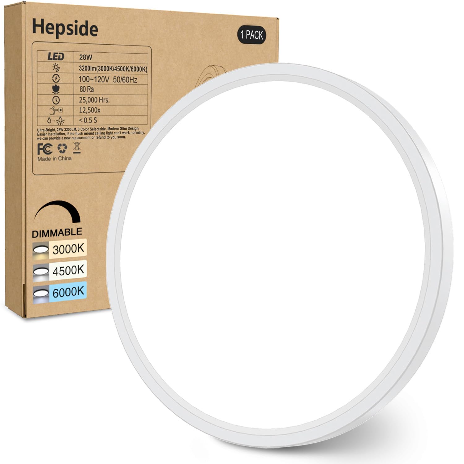 hepside 12Inch Flush Mount Light Fixture White, 28Watt, Dimmable & 3000K-4500K-6000K 3 Color Selectable Flush Ceiling Light Fixture 3200LM Low Profile Ceiling Light for Kitchen Bedroom Hallway Porch