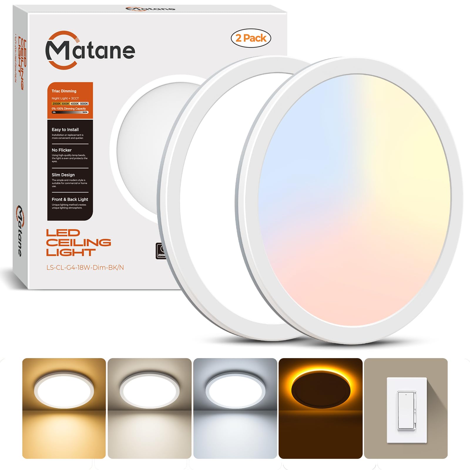 Matane LED Flush Mount Ceiling Light Fixture with Night Light, 1800LM 3000K/4000K/5000K Selectable, Dimmable Low Profile Ceiling Light for Kitchen Bedroom Hallway, 8.7inch Round White