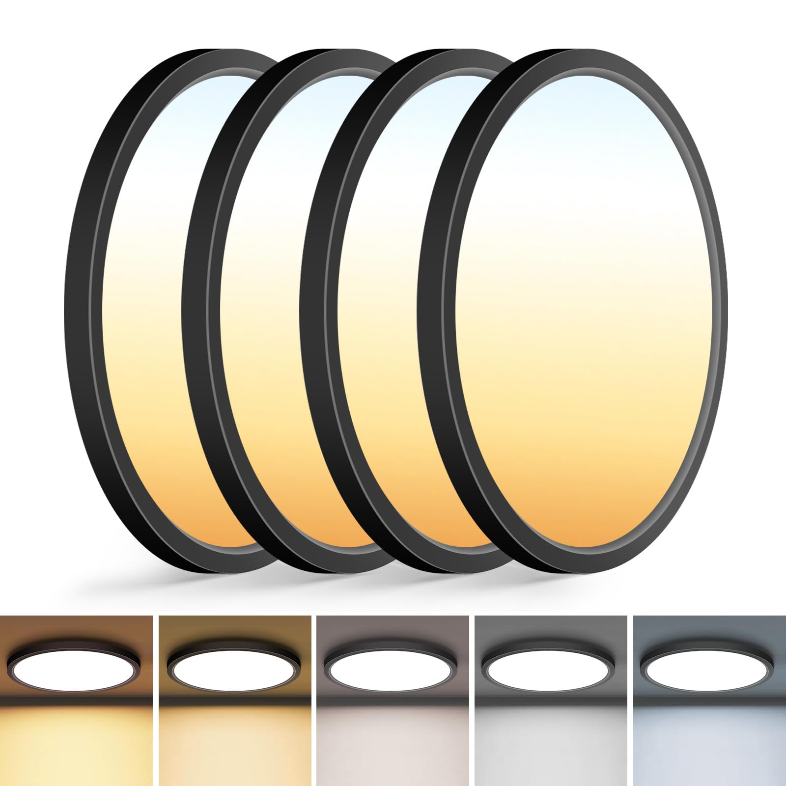 zemty 4Pack LED Flush Mount Ceiling Light, 12Inch 24W Dimmable Ceiling Lights Fixture, 5 Color Temperatures (3000K-6500K) Black Round Ceiling Lamp for Bedroom, Kitchen, Hallway,Bathroom