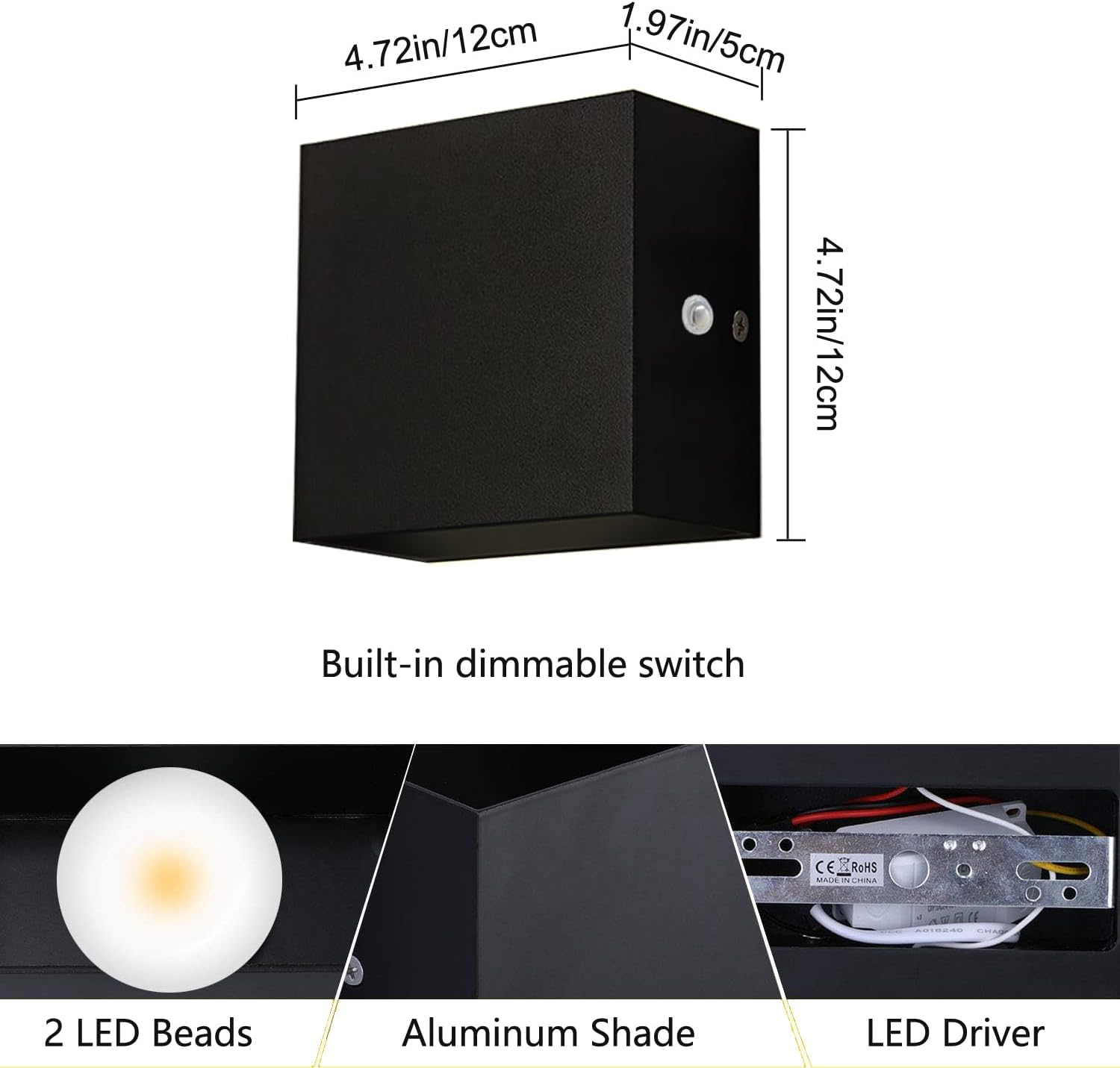 Indoor Dimmable Wall Sconces with Switch, Black Modern LED Wall Sconce Hardwired Set of 2 Up and Down Wall Mount Light, for Living Room Bedroom Hallway Corridor Warm White (Type B 2pack, 3000K)