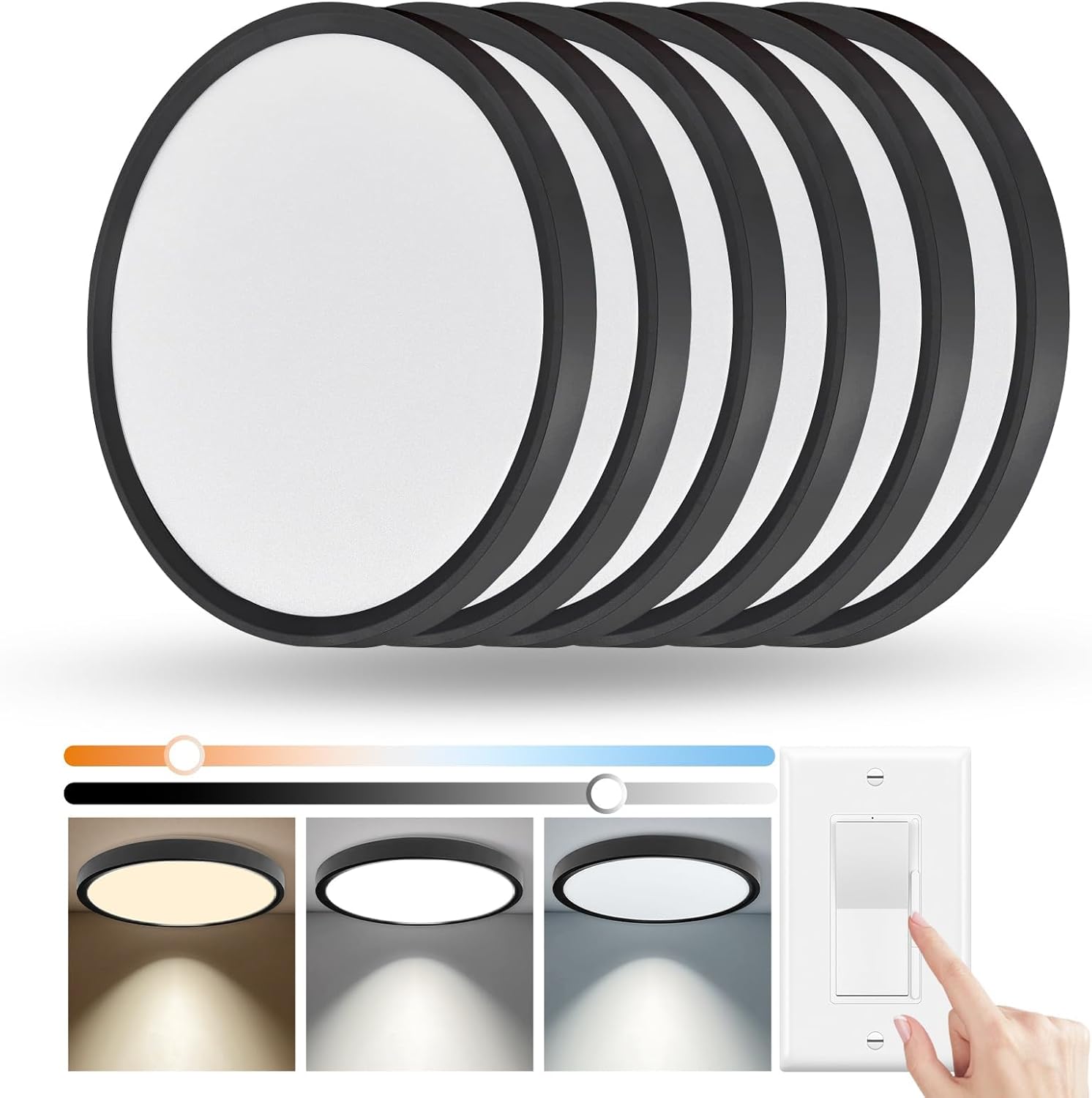 6 Pack 12 Inch Slim Dimmable LED Flush Mount Ceiling Light Fixtures, 24W 2640LM 3000K/4000K/5000K, House Upgrade Led Lights for Bedroom Hallway Laundry Room Rental Units, 240W Equiv., Black