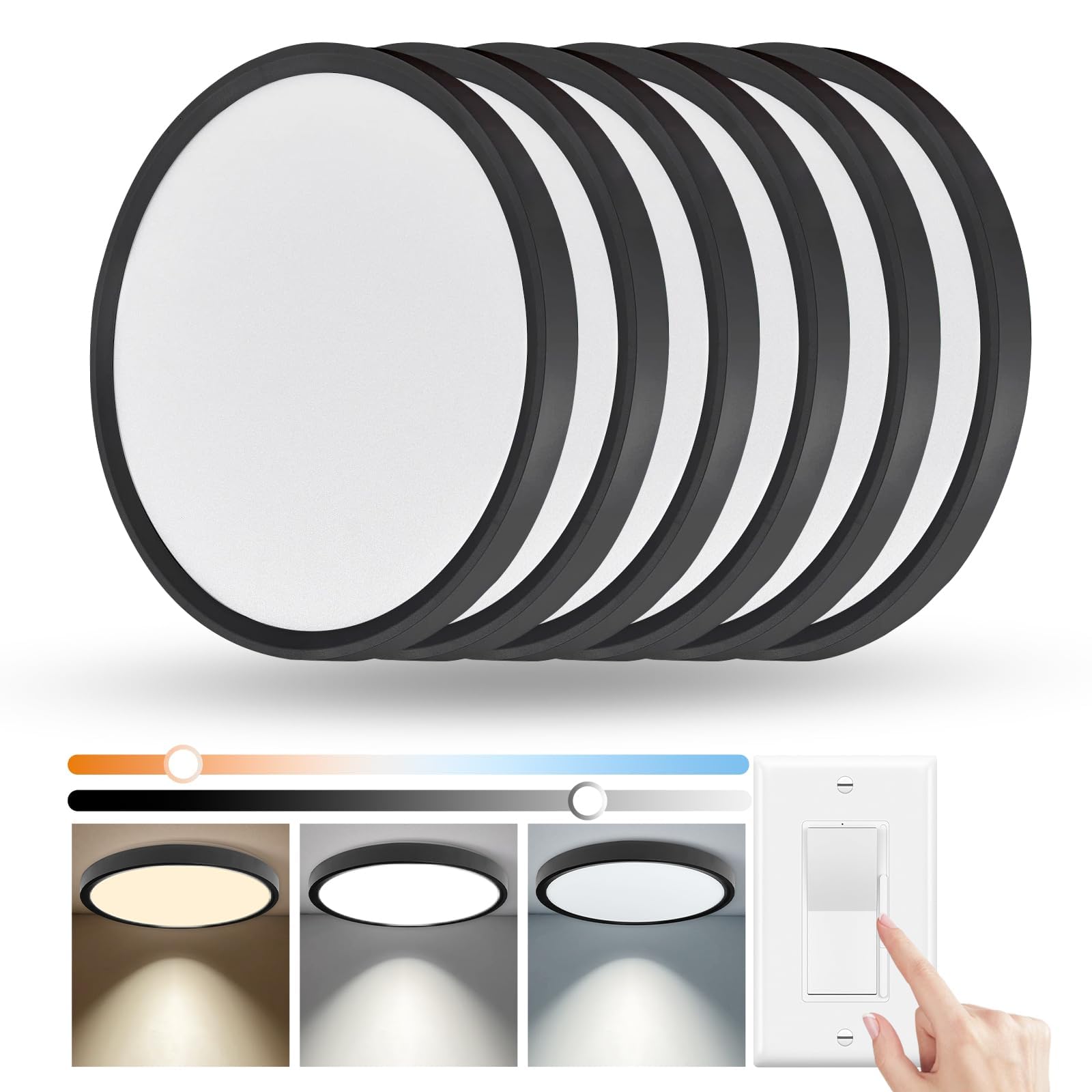 6 Pack 12 Inch Slim Dimmable LED Flush Mount Ceiling Light Fixtures, 24W 2640LM 3000K/4000K/5000K, House Upgrade Led Lights for Bedroom Hallway Laundry Room Rental Units, 240W Equiv., Black