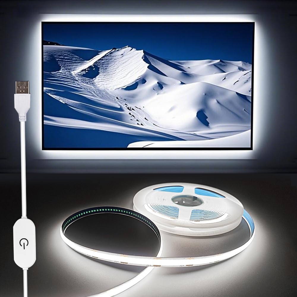 ZSLAIFU A 5V USB LED Light Strip, COB LED Strip Lights, White 5V LED Lights, Small LED Strip Light, TV Lights for TV Under Cabinet Kitchen Living Room Shelving or Displays (White, 3.28ft)