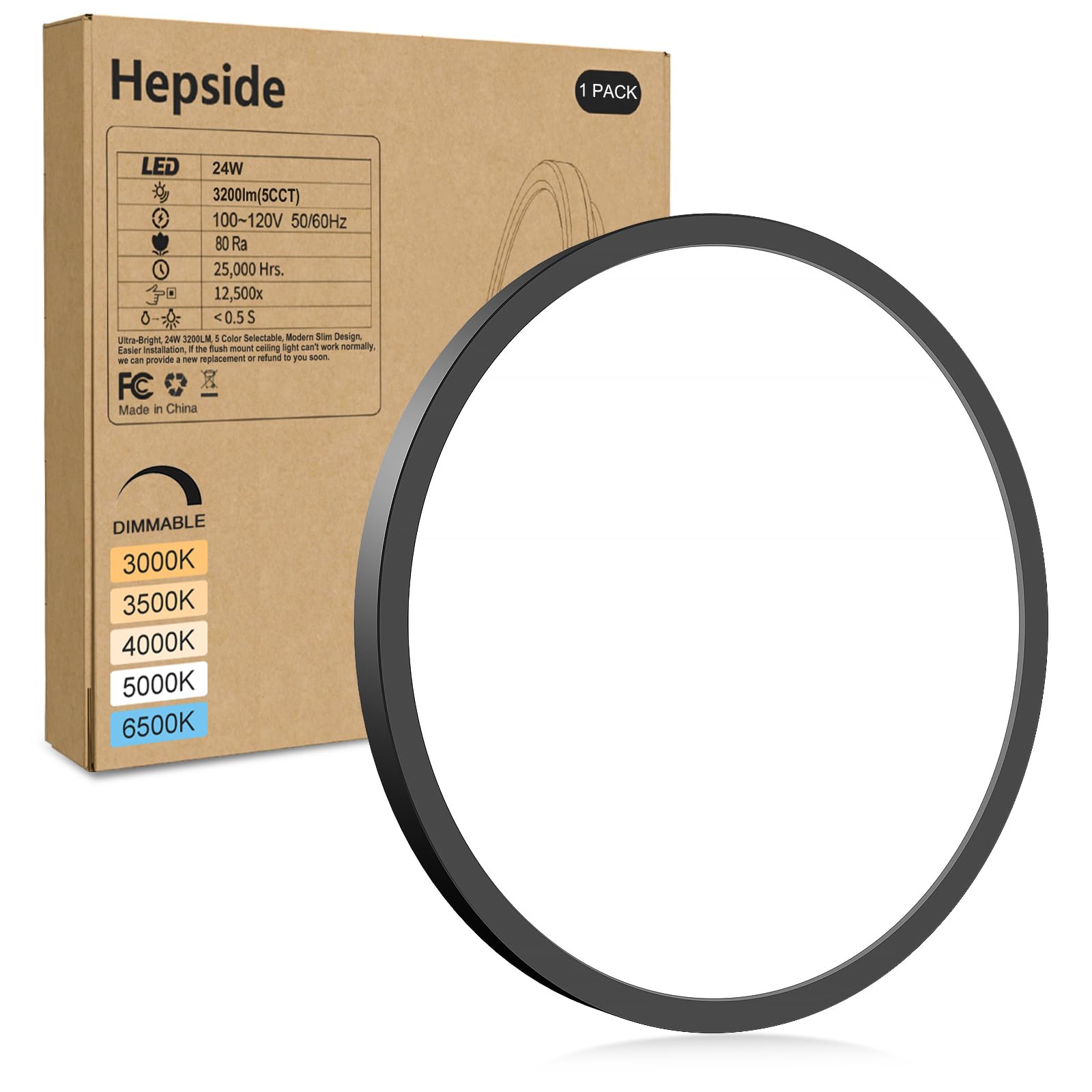 hepside 2Pack LED Flush Mount Ceiling Light Fixture, 12Inch 24W, Dimmable&3000K/3500K/4000K/5000K/6500K Adjustable Low Profile Ceiling Lights, White Round Flat Ceiling Light for Closet,Kitchen,Hallway
