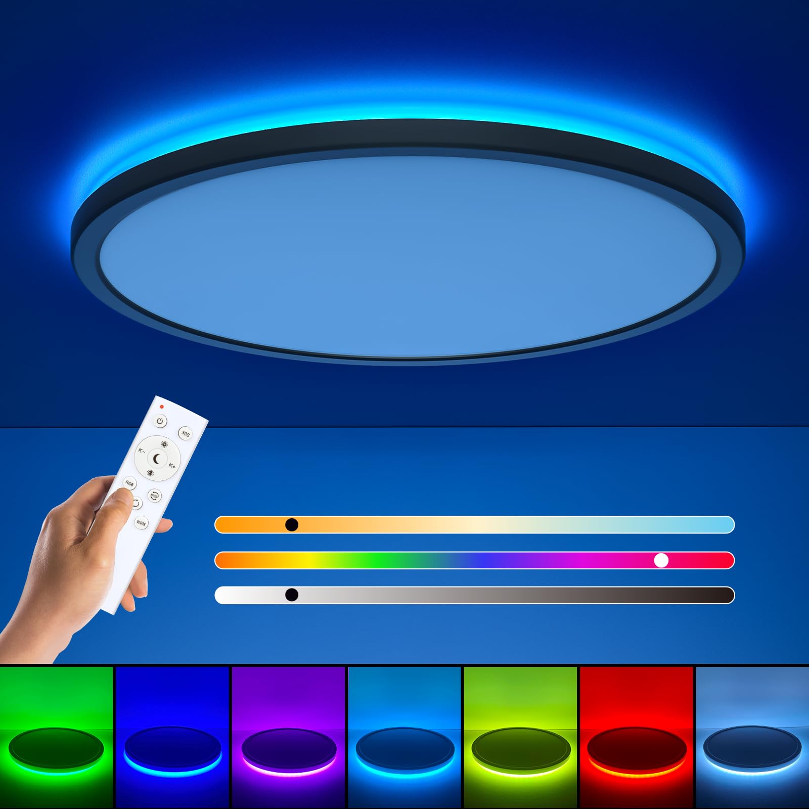 Annaror RGB LED Flush Mount Ceiling Light with Remote, 12 Inch Color Changing Light Fixture Dimmable 3000K-6500K, 24W Thin Round Ceiling Light for Bedroom Kids Room Living Room