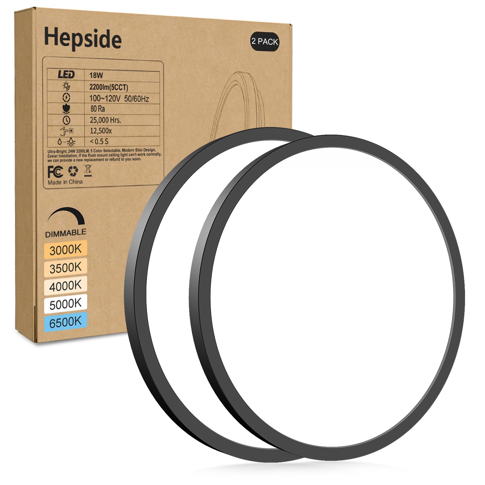 hepside 2Pack LED Flush Mount Ceiling Light Fixture, 12Inch 24W, Dimmable&3000K/3500K/4000K/5000K/6500K Adjustable Low Profile Ceiling Lights, White Round Flat Ceiling Light for Closet,Kitchen,Hallway