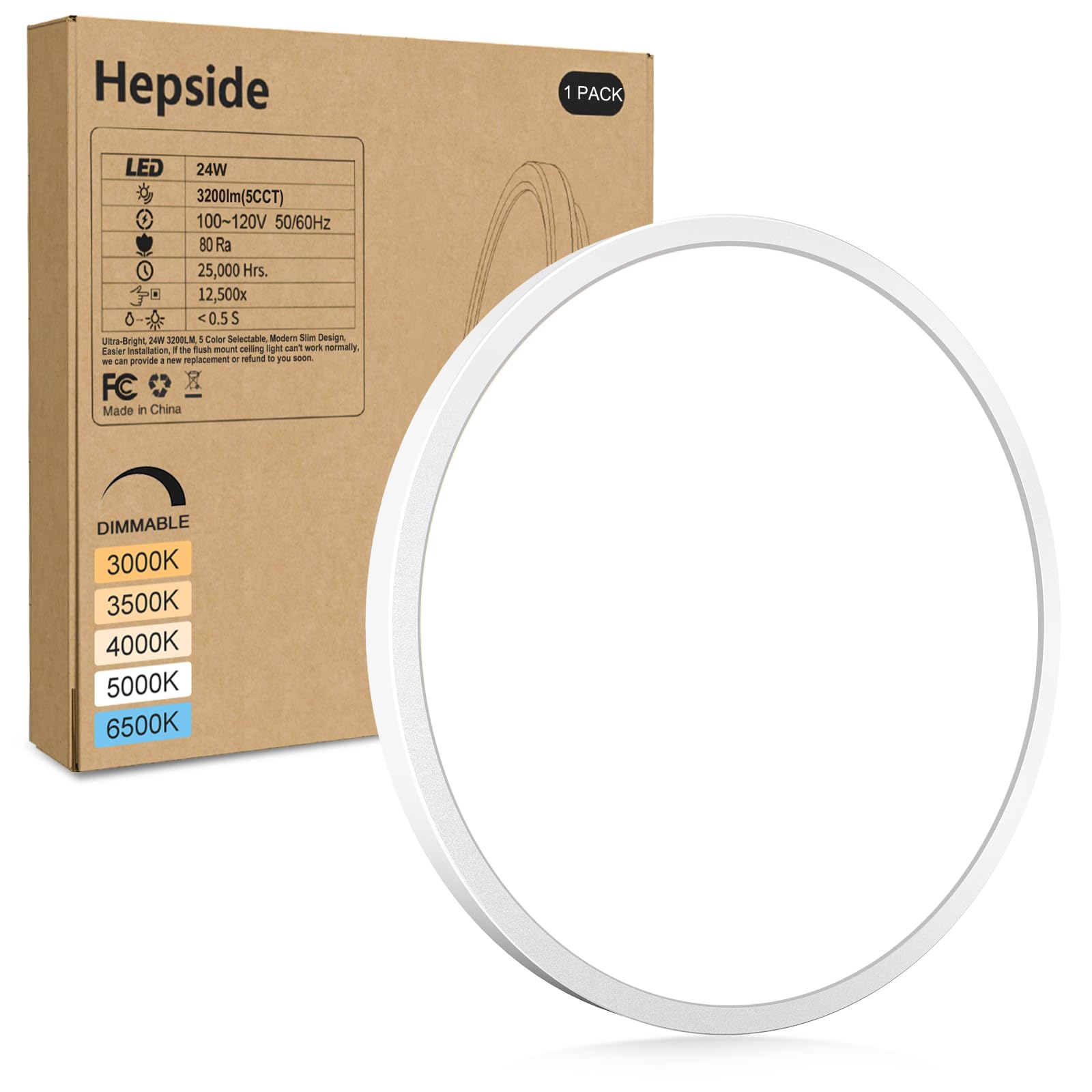 hepside 2Pack LED Flush Mount Ceiling Light Fixture, 12Inch 24W, Dimmable&3000K/3500K/4000K/5000K/6500K Adjustable Low Profile Ceiling Lights, White Round Flat Ceiling Light for Closet,Kitchen,Hallway