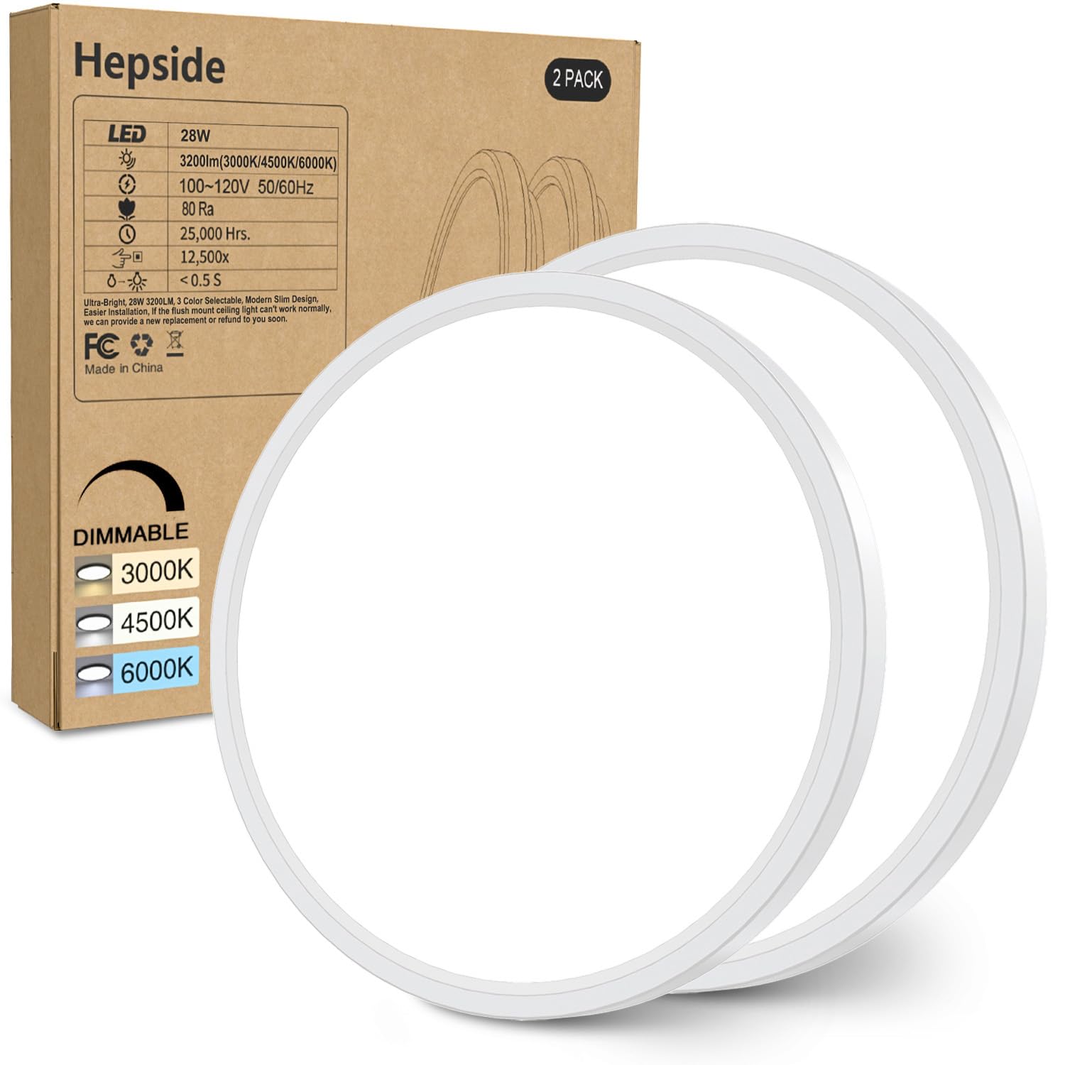 hepside 12Inch Flush Mount Light Fixture White, 28Watt, Dimmable & 3000K-4500K-6000K 3 Color Selectable Flush Ceiling Light Fixture 3200LM Low Profile Ceiling Light for Kitchen Bedroom Hallway Porch