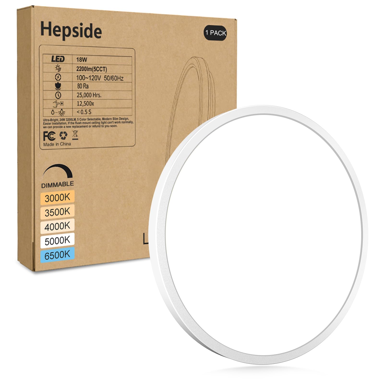 hepside 2Pack LED Flush Mount Ceiling Light Fixture, 12Inch 24W, Dimmable&3000K/3500K/4000K/5000K/6500K Adjustable Low Profile Ceiling Lights, White Round Flat Ceiling Light for Closet,Kitchen,Hallway