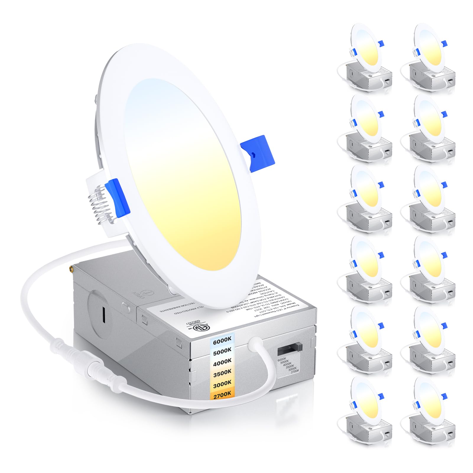 Ensenior 12 Pack 6 Inch LED Recessed Ceiling Light, Dimmable, 2700K-5000K 5CCT, 1200LM 12W 120V, High Brightness Canless Wafer Downlight - ETL&FCC&IC