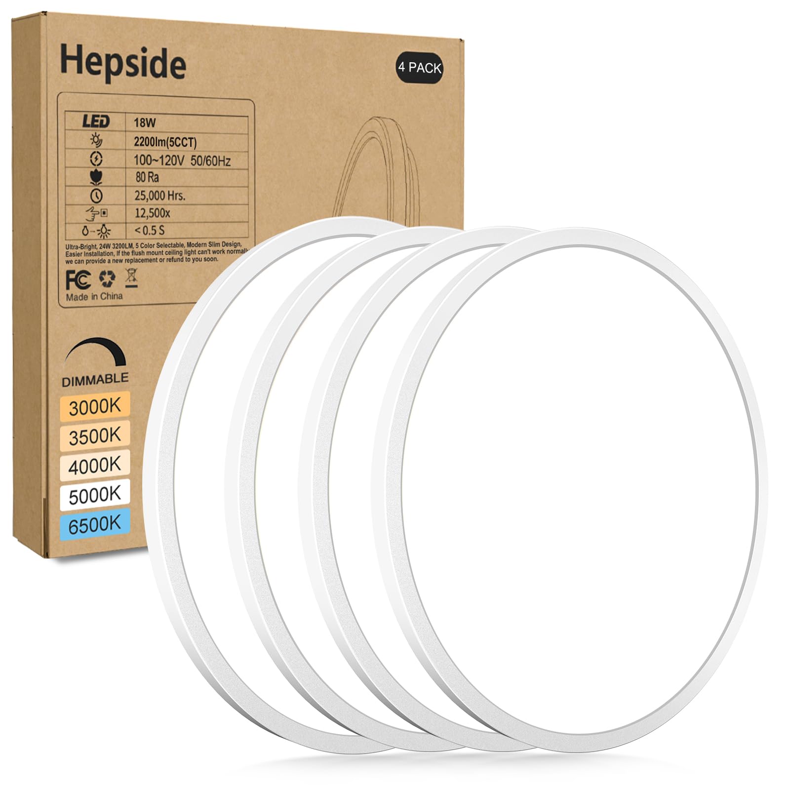hepside 2Pack LED Flush Mount Ceiling Light Fixture, 12Inch 24W, Dimmable&3000K/3500K/4000K/5000K/6500K Adjustable Low Profile Ceiling Lights, White Round Flat Ceiling Light for Closet,Kitchen,Hallway